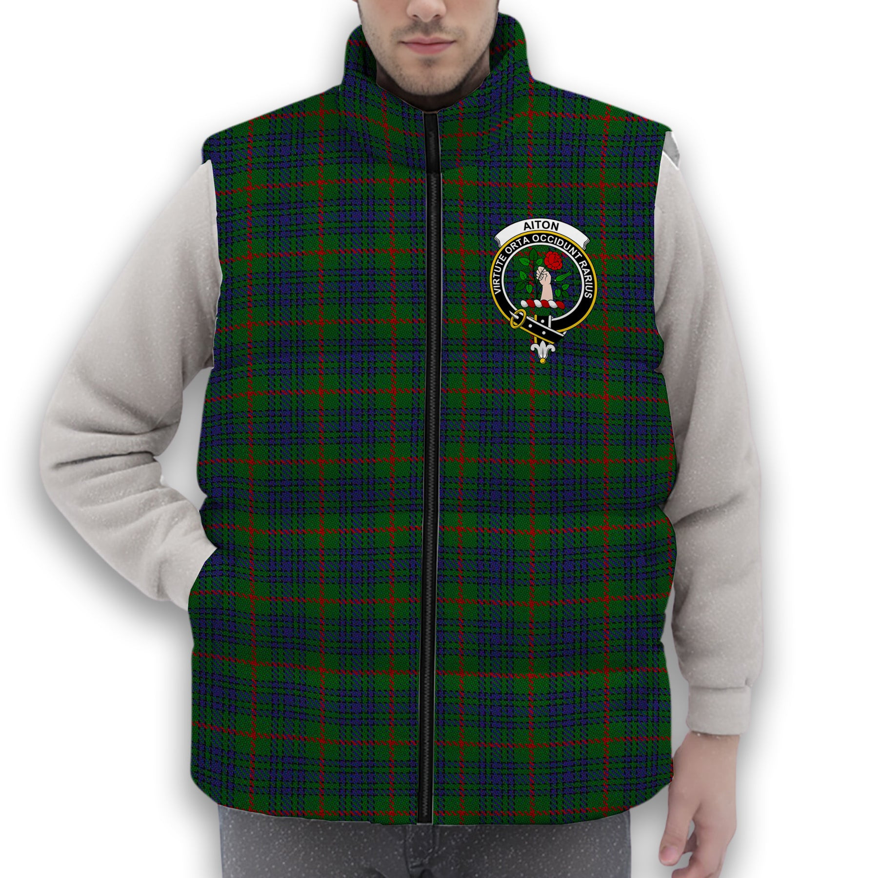 ScotsTee Shop Scottish Aiton Crest Tartan Puffer Vest Winter White Duck Down Vest Sleeveless