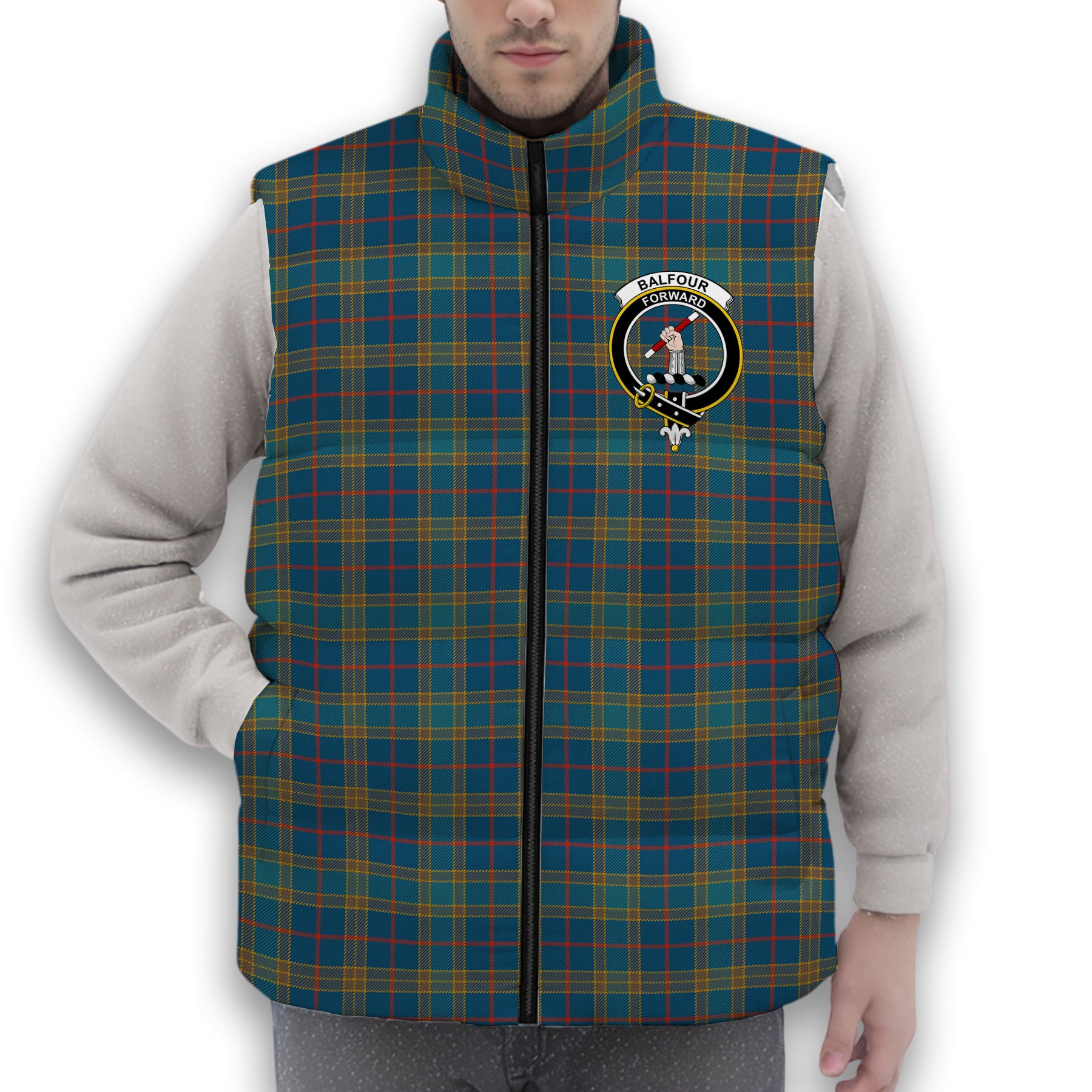 ScotsTee Shop Scottish Balfour Blue  Ancient Crest Tartan Puffer Vest Winter White Duck Down Vest Sleeveless