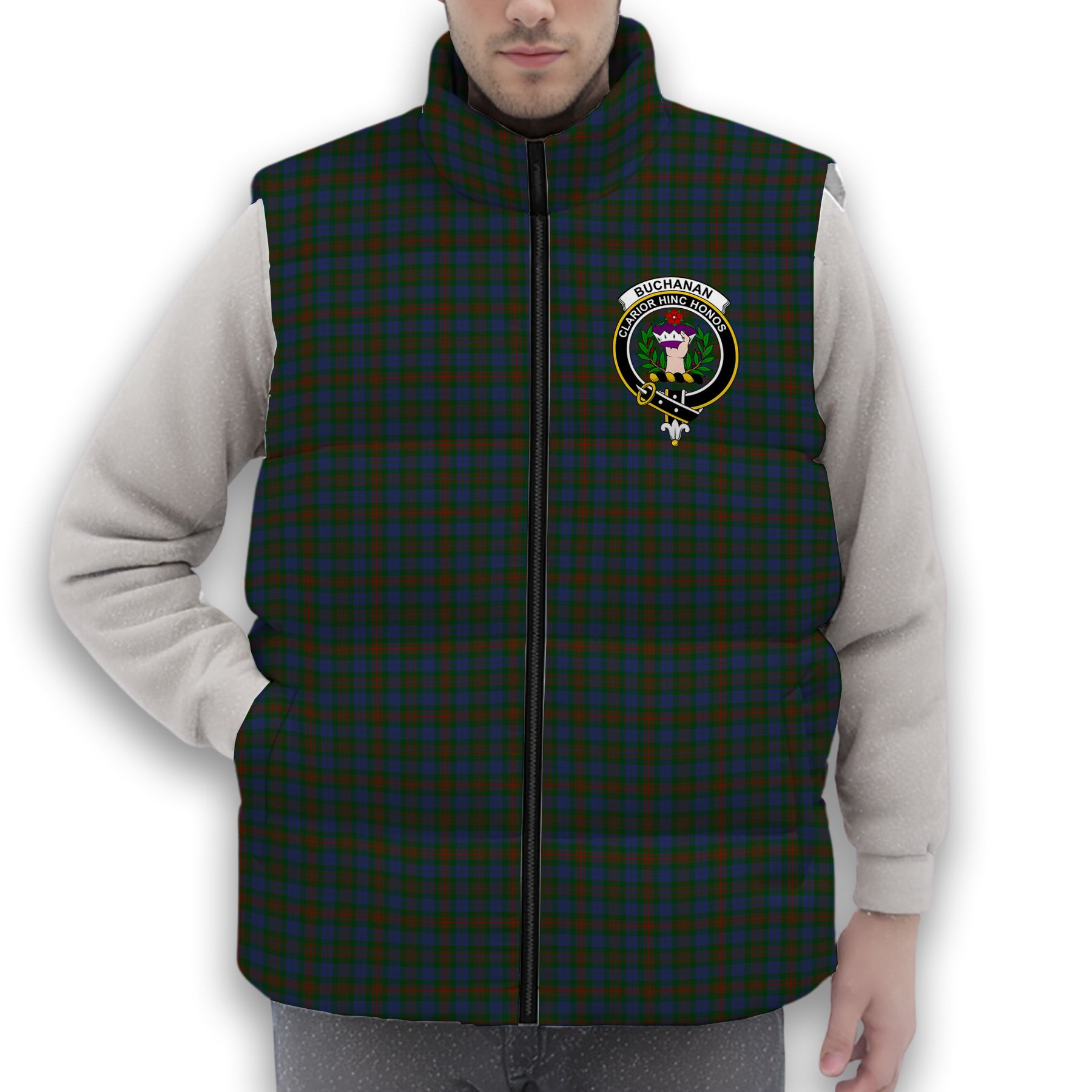 ScotsTee Shop Scottish Buchanan Hunting Crest Tartan Puffer Vest Winter White Duck Down Vest Sleeveless