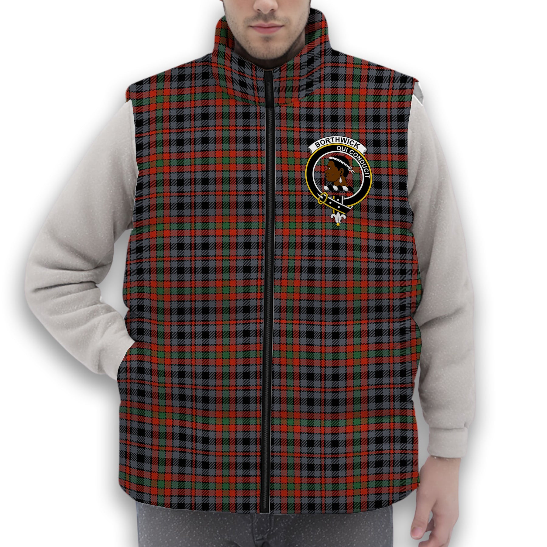 ScotsTee Shop Scottish Borthwick Ancient Crest Tartan Puffer Vest Winter White Duck Down Vest Sleeveless