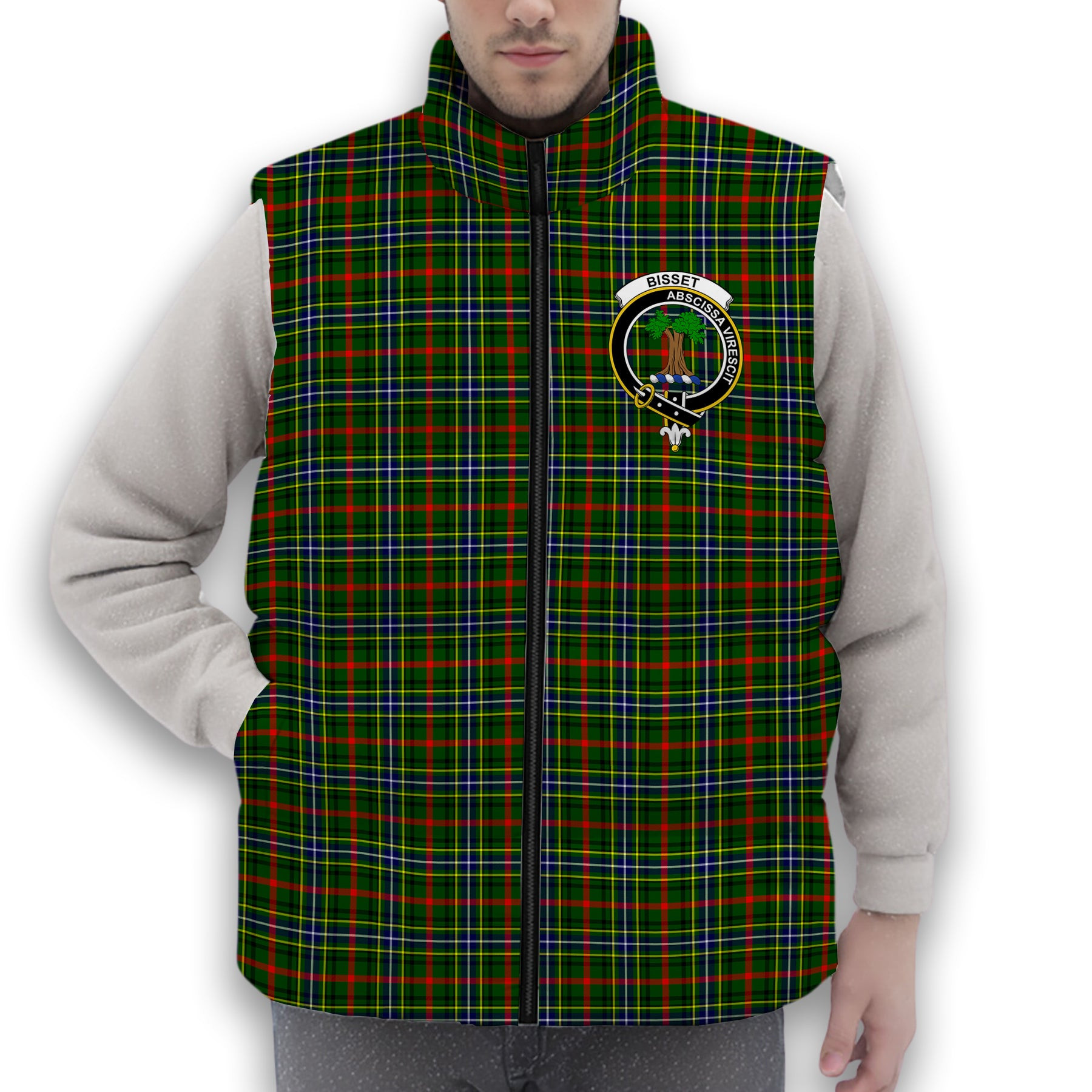ScotsTee Shop Scottish Bisset SC Crest Tartan Puffer Vest Winter White Duck Down Vest Sleeveless