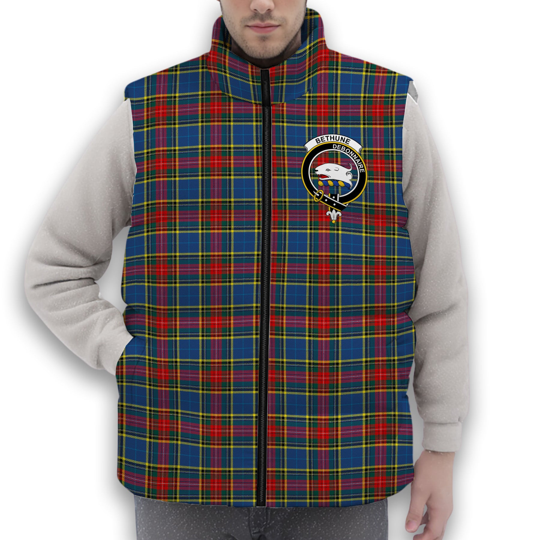 ScotsTee Shop Scottish Bethune Modern Crest Tartan Puffer Vest Winter White Duck Down Vest Sleeveless