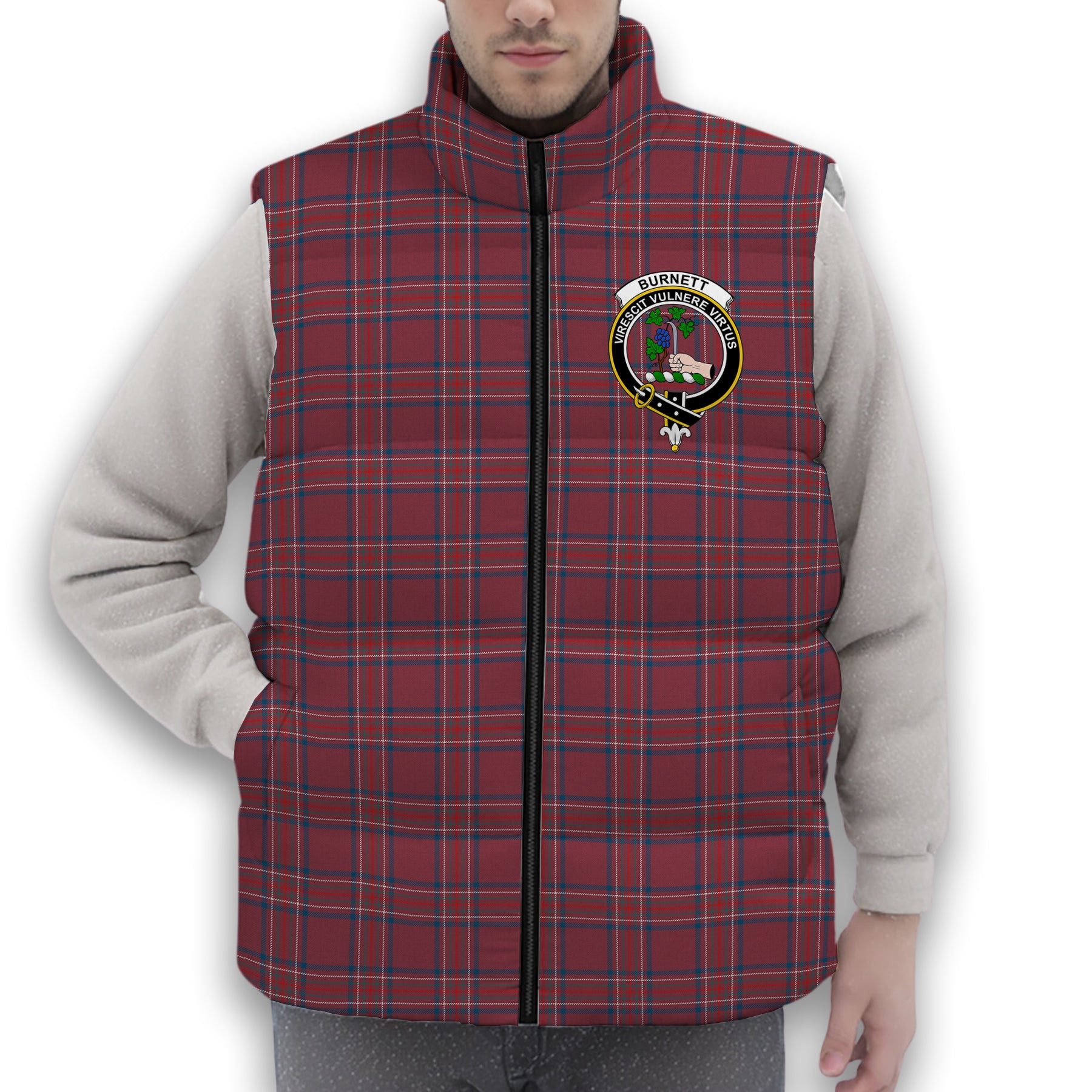ScotsTee Shop Scottish Burnett Hunting Modern Crest Tartan Puffer Vest Winter White Duck Down Vest Sleeveless