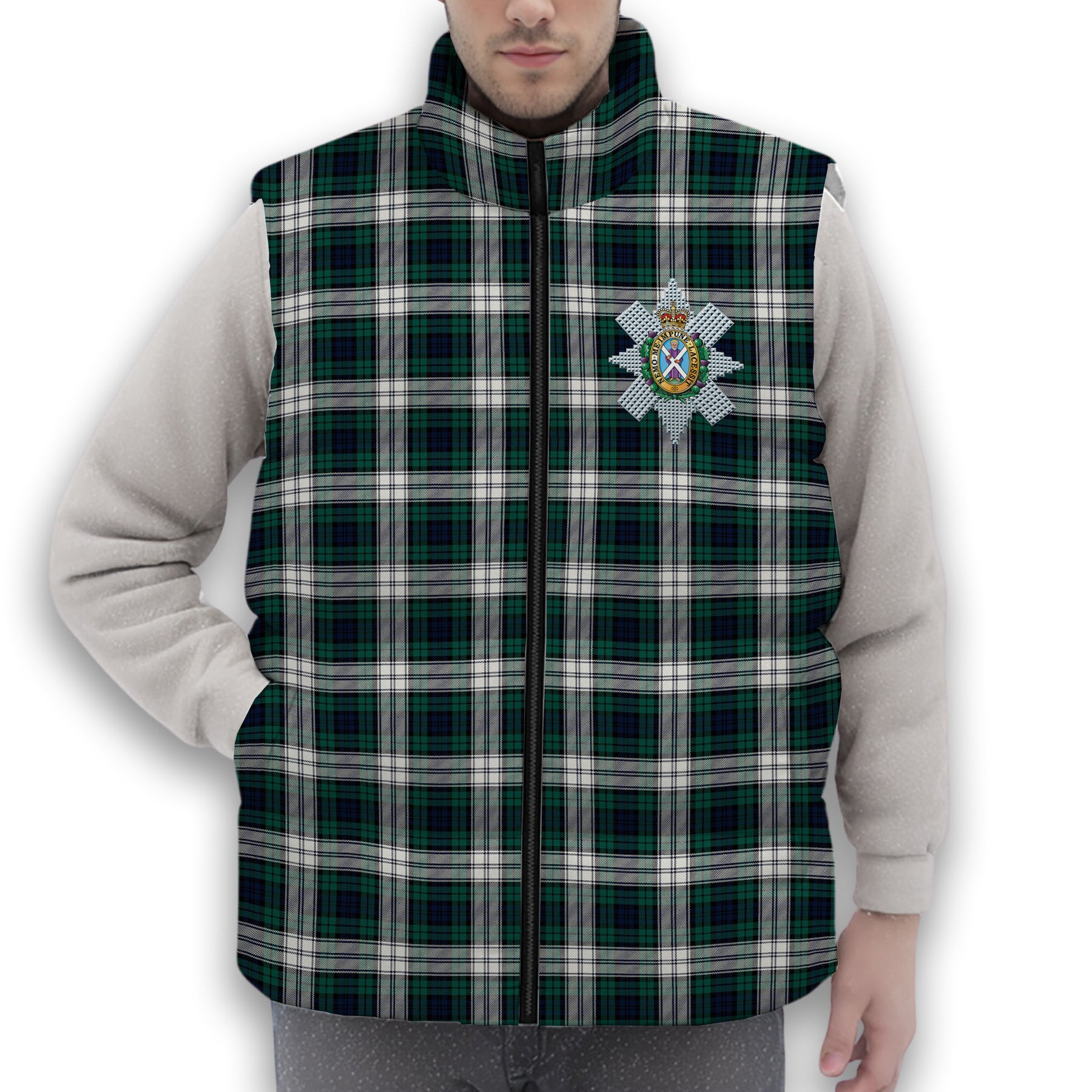 ScotsTee Shop Scottish Black Watch Dress Modern Crest Tartan Puffer Vest Winter White Duck Down Vest Sleeveless