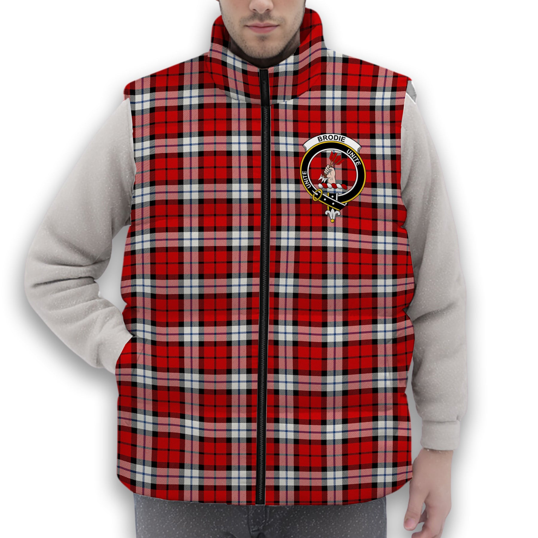 ScotsTee Shop Scottish Brodie Dress Modern Crest Tartan Puffer Vest Winter White Duck Down Vest Sleeveless