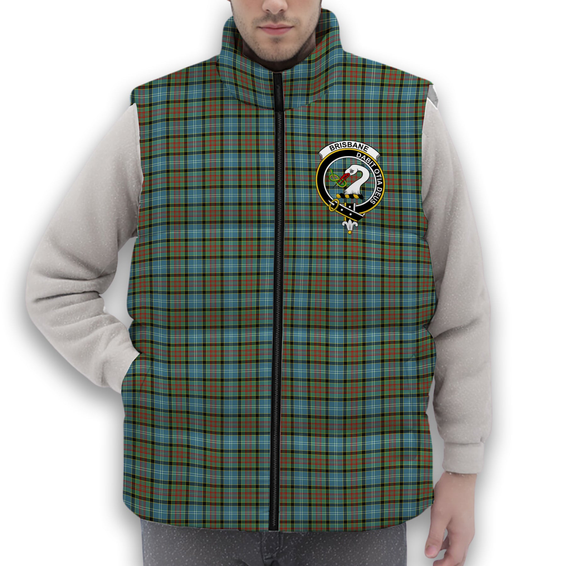 ScotsTee Shop Scottish Brisbane Modern Crest Tartan Puffer Vest Winter White Duck Down Vest Sleeveless
