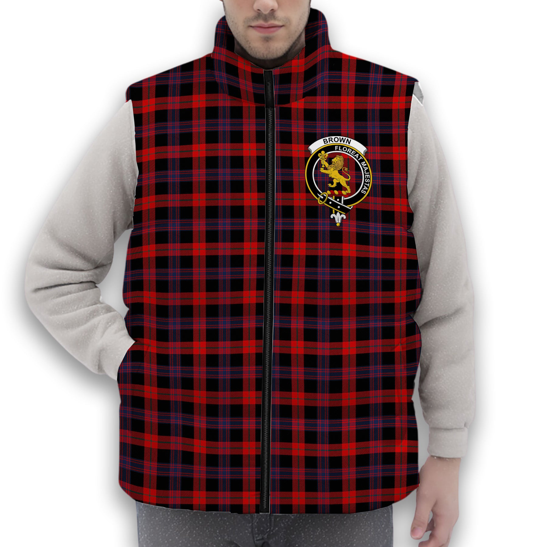 ScotsTee Shop Scottish Brown Modern Crest Tartan Puffer Vest Winter White Duck Down Vest Sleeveless