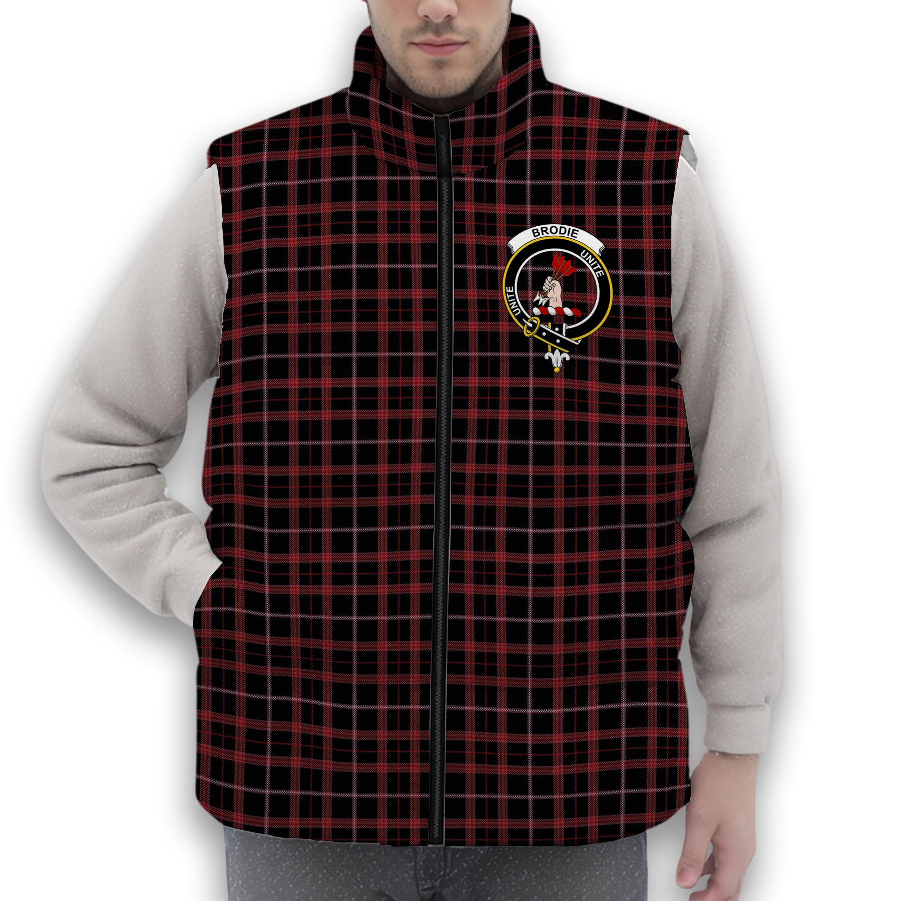 ScotsTee Shop Scottish Brodie (Graeme) Personal Ancient Crest Tartan Puffer Vest Winter White Duck Down Vest Sleeveless