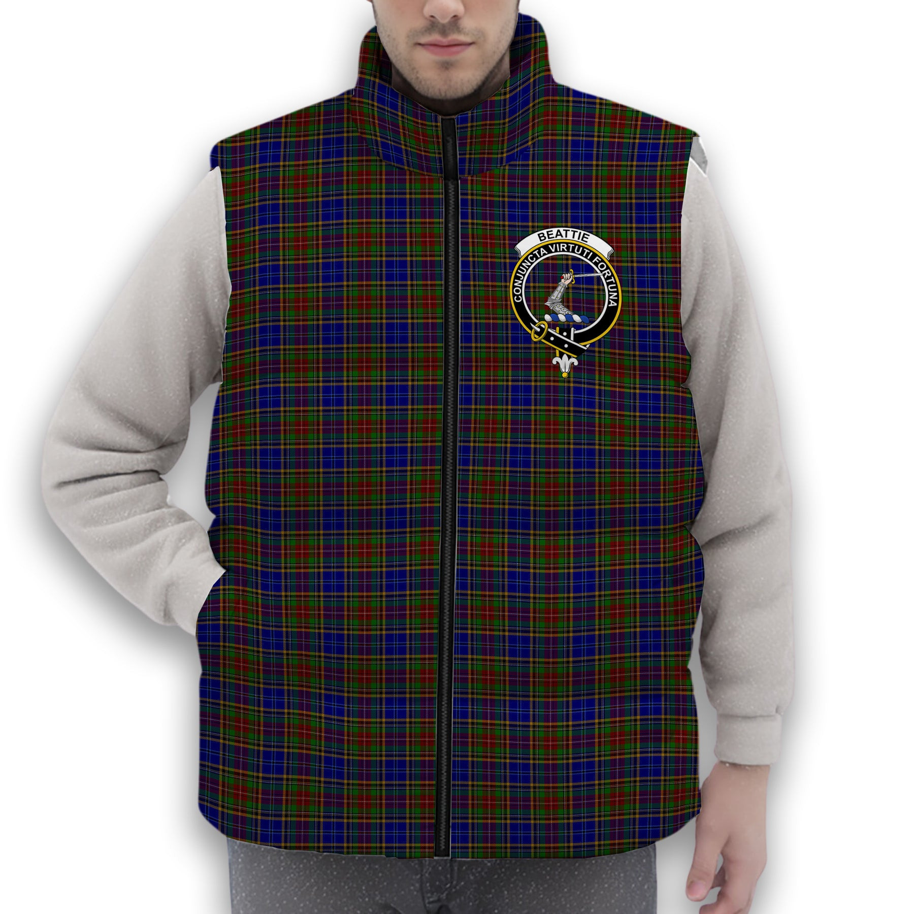 ScotsTee Shop Scottish Beattie (Beatty) Crest Tartan Puffer Vest Winter White Duck Down Vest Sleeveless