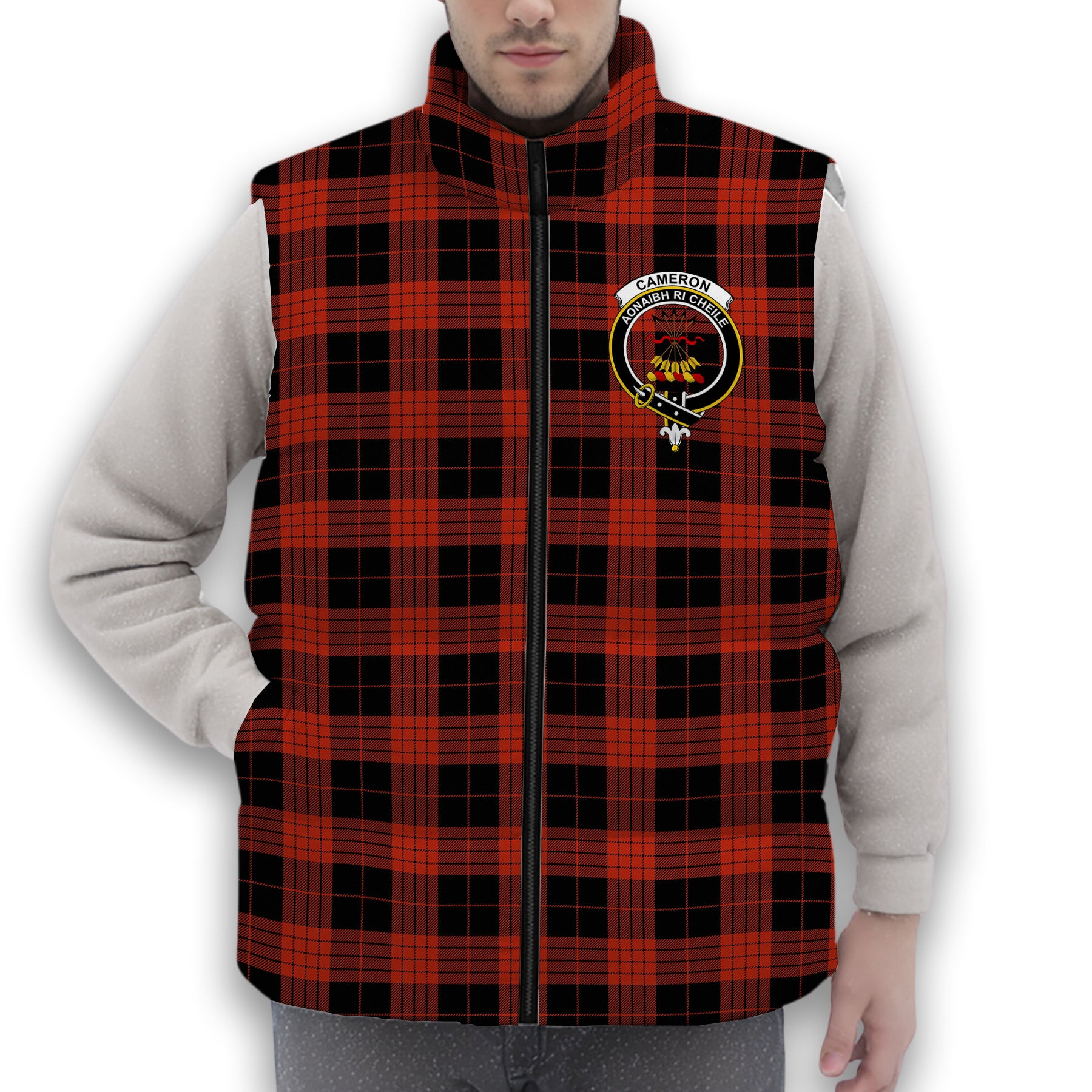 ScotsTee Shop Scottish Cameron Black and Red Ancient Crest Tartan Puffer Vest Winter White Duck Down Vest Sleeveless