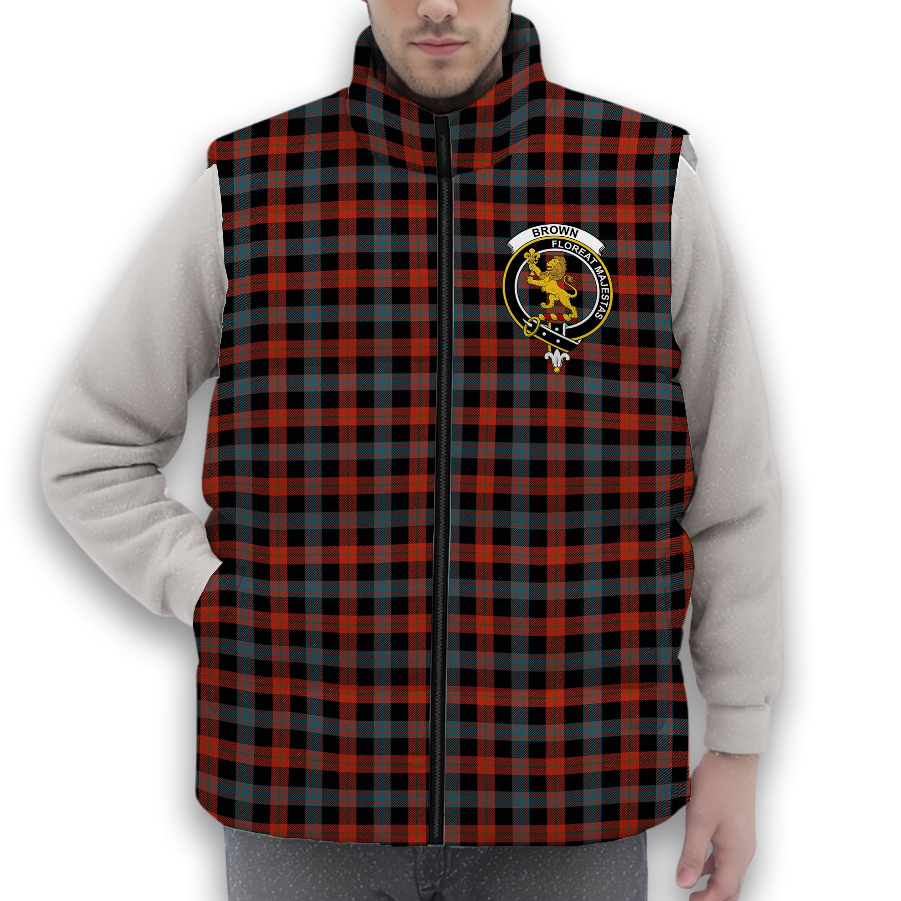 ScotsTee Shop Scottish Brown Ancient Crest Tartan Puffer Vest Winter White Duck Down Vest Sleeveless