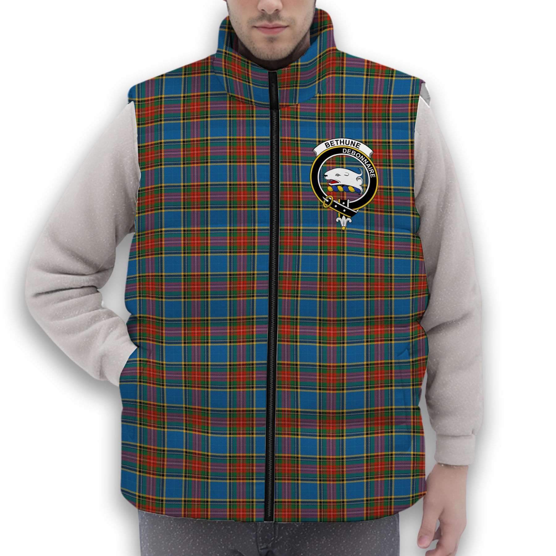 ScotsTee Shop Scottish Bethune Ancient Crest Tartan Puffer Vest Winter White Duck Down Vest Sleeveless