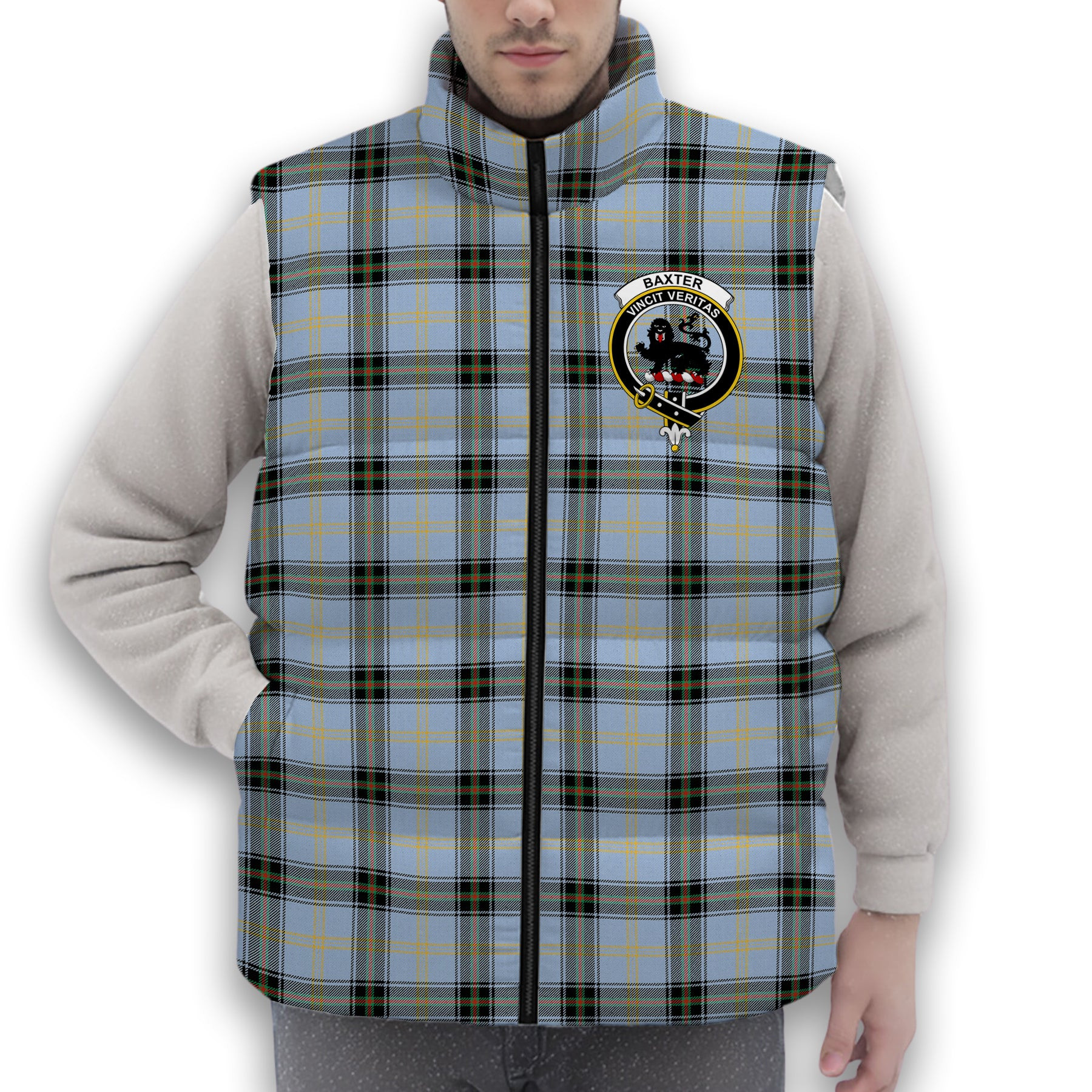 ScotsTee Shop Scottish Baxter of Balgavies Ancient Crest Tartan Puffer Vest Winter White Duck Down Vest Sleeveless