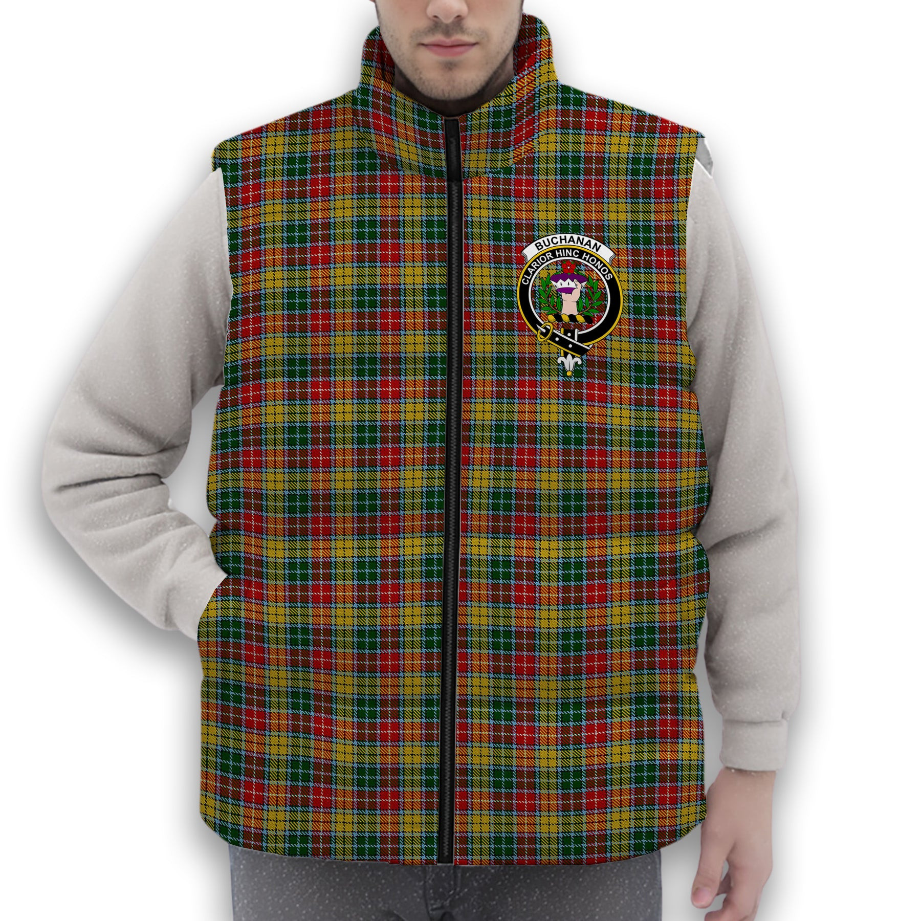 ScotsTee Shop Scottish Buchanan 1850 Crest Tartan Puffer Vest Winter White Duck Down Vest Sleeveless