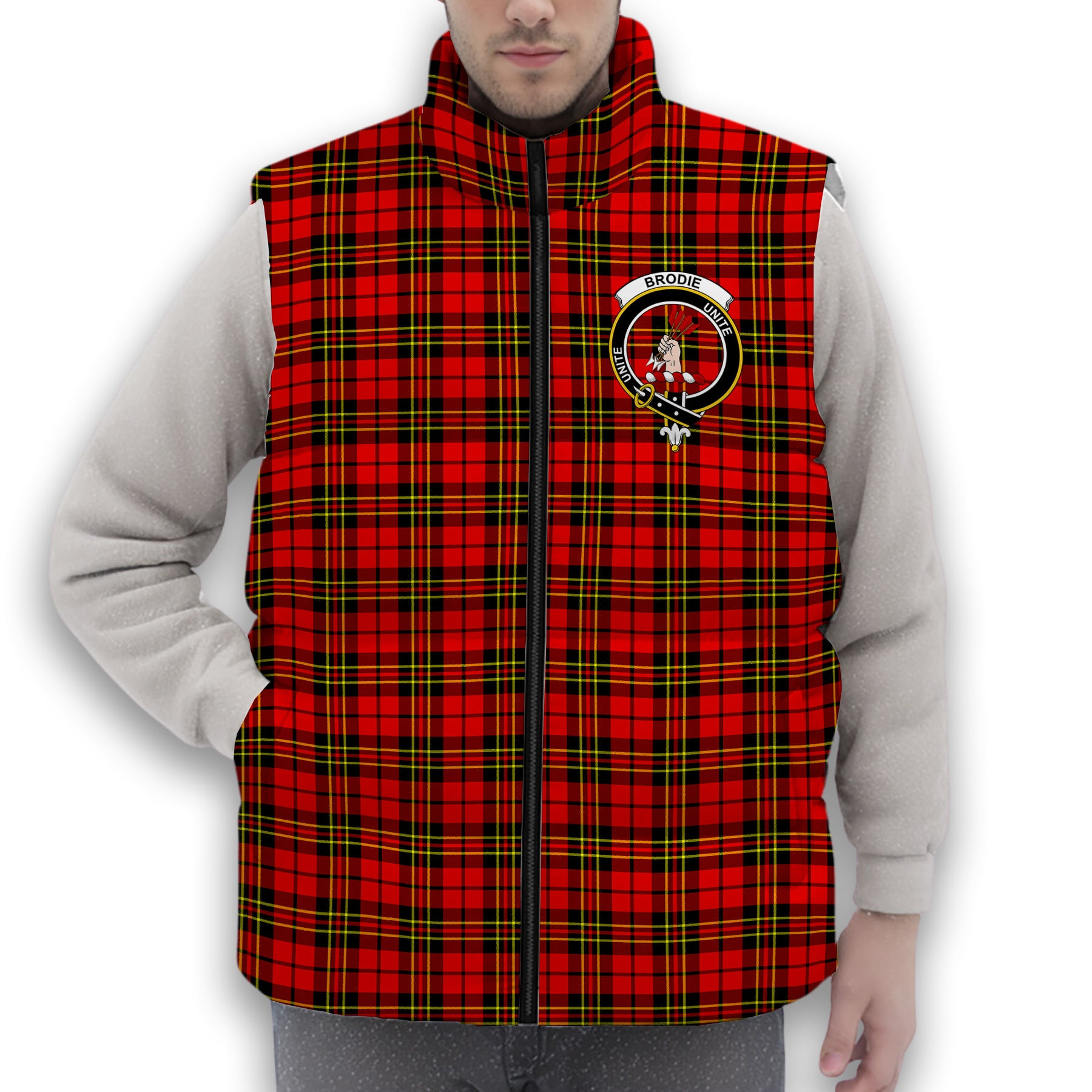ScotsTee Shop Scottish Brodie Modern Crest Tartan Puffer Vest Winter White Duck Down Vest Sleeveless