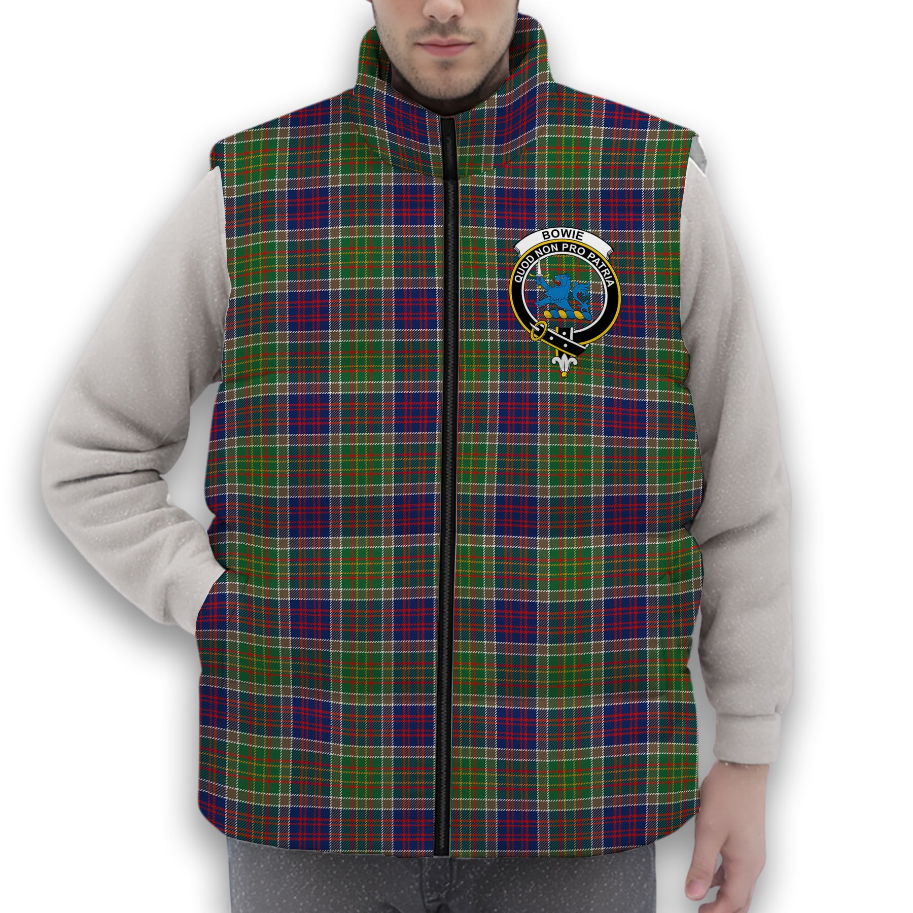 ScotsTee Shop Scottish Bowie Modern Crest Tartan Puffer Vest Winter White Duck Down Vest Sleeveless