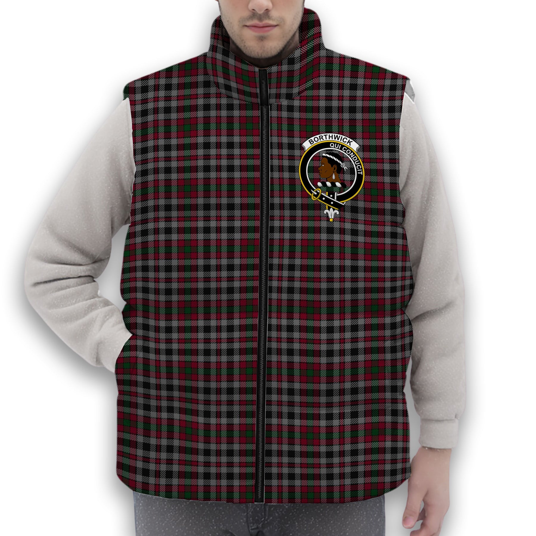 ScotsTee Shop Scottish Borthwick Crest Tartan Puffer Vest Winter White Duck Down Vest Sleeveless