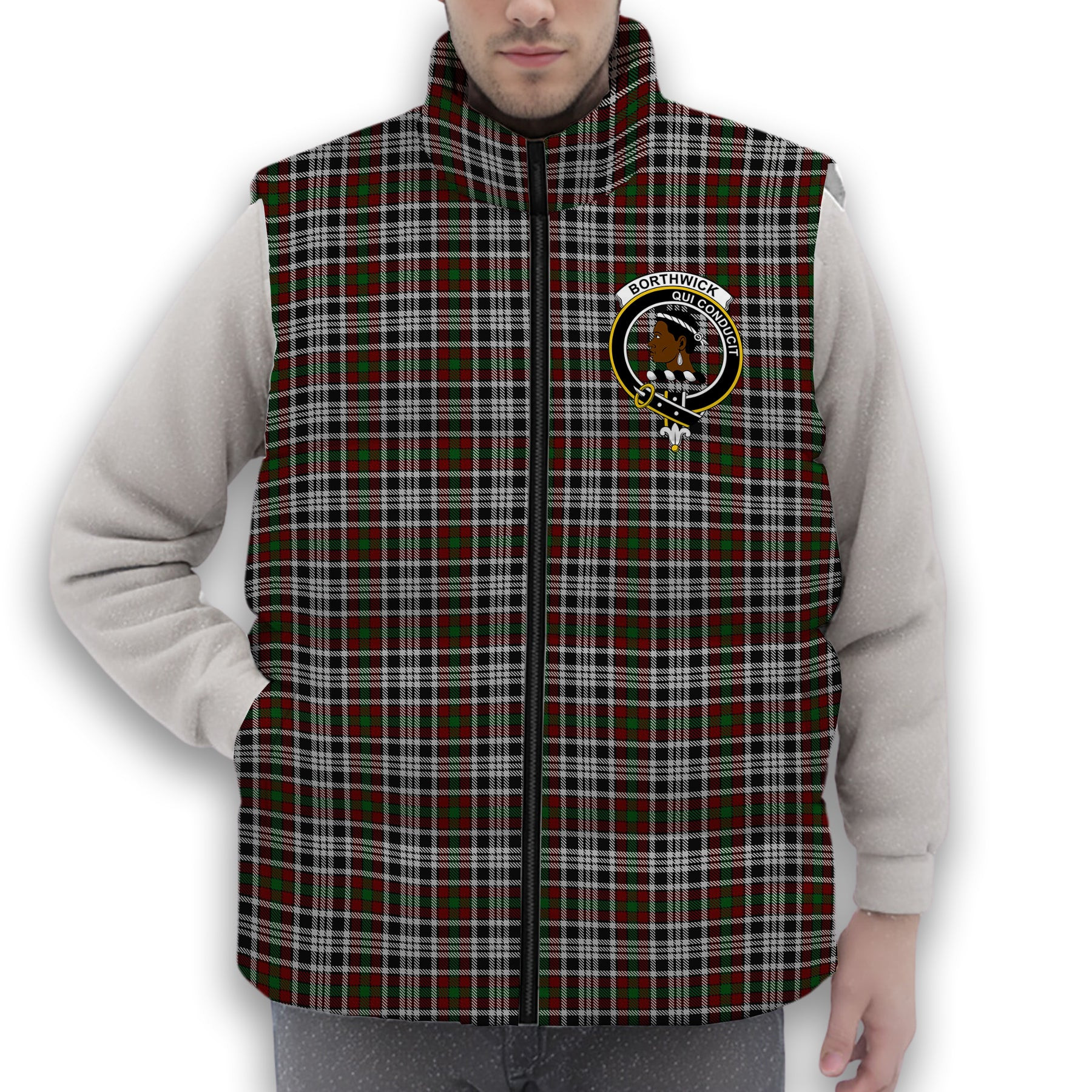ScotsTee Shop Scottish Borthwick Dress Crest Tartan Puffer Vest Winter White Duck Down Vest Sleeveless