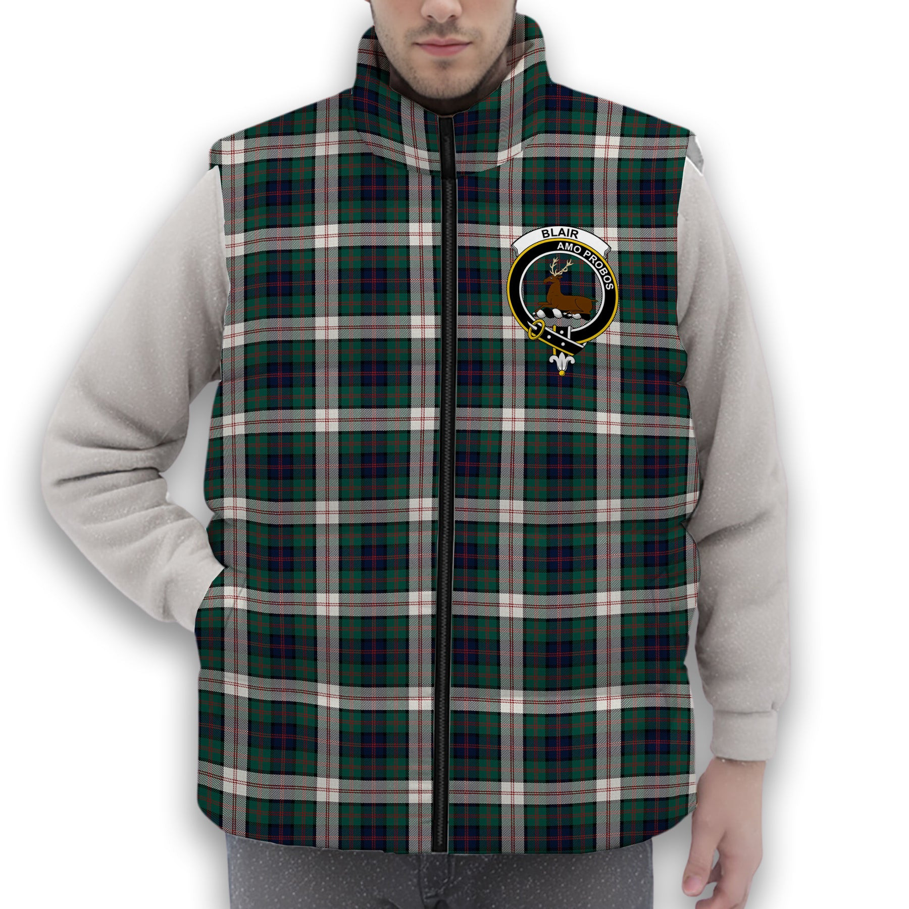 ScotsTee Shop Scottish Blair Dress Modern Crest Tartan Puffer Vest Winter White Duck Down Vest Sleeveless