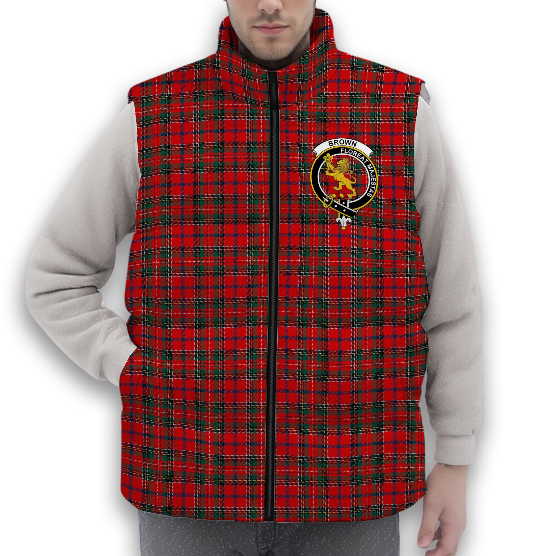 ScotsTee Shop Scottish Brown of Castledean (Broun of Castledean) Modern Crest Tartan Puffer Vest Winter White Duck Down Vest Sleeveless