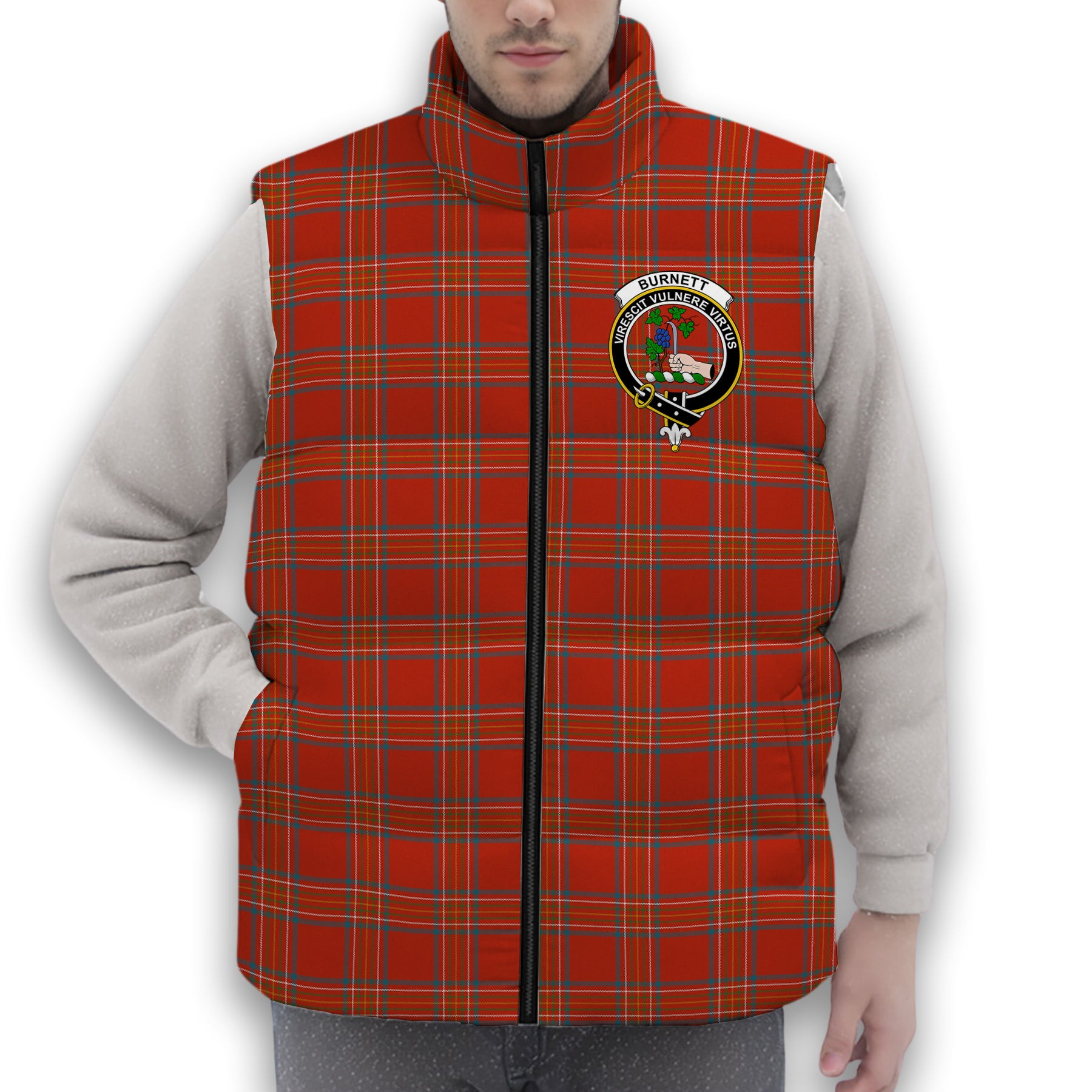 ScotsTee Shop Scottish Burnett of Leys Ancient Crest Tartan Puffer Vest Winter White Duck Down Vest Sleeveless