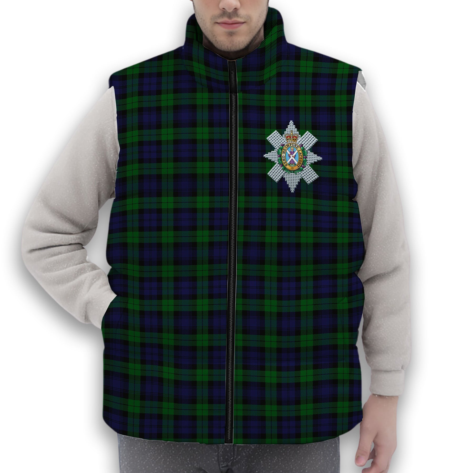 ScotsTee Shop Scottish Black Watch Crest Tartan Puffer Vest Winter White Duck Down Vest Sleeveless