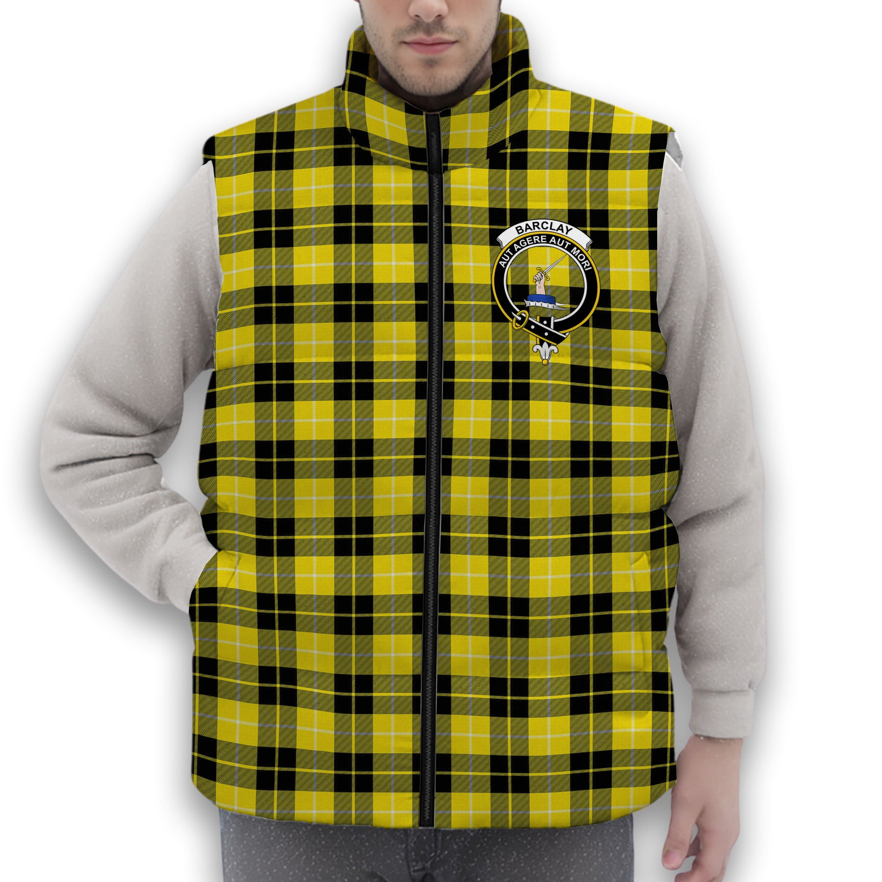 ScotsTee Shop Scottish Barclay Dress Modern Crest Tartan Puffer Vest Winter White Duck Down Vest Sleeveless