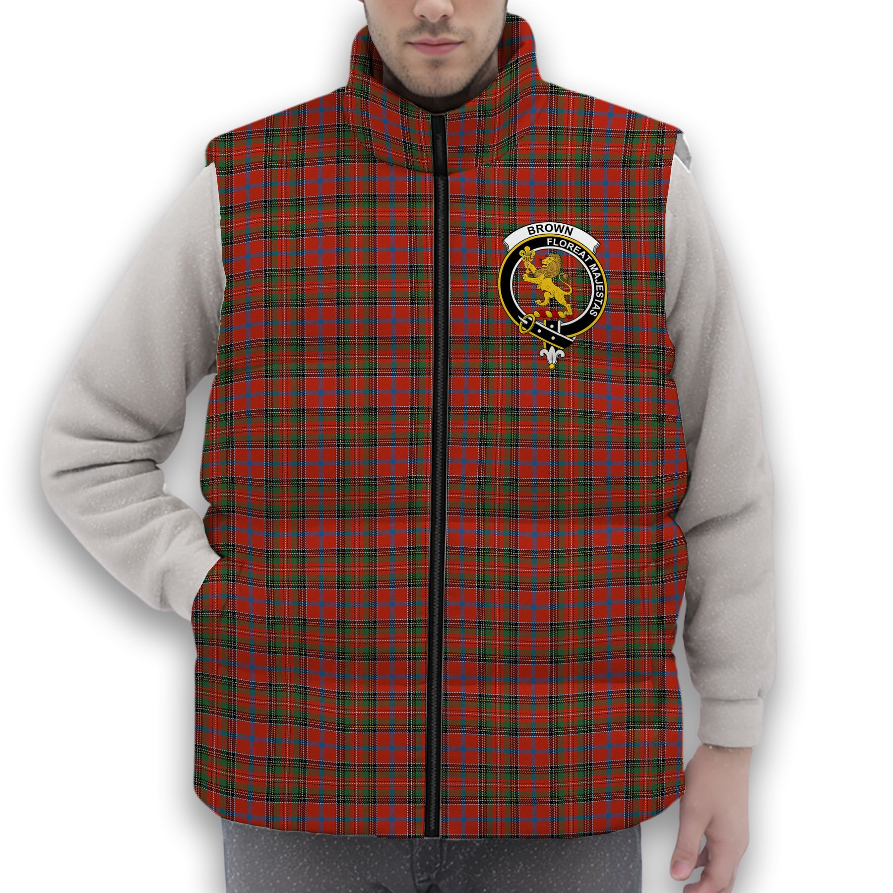 ScotsTee Shop Scottish Brown of Castledean (Broun of Castledean) Ancient Crest Tartan Puffer Vest Winter White Duck Down Vest Sleeveless