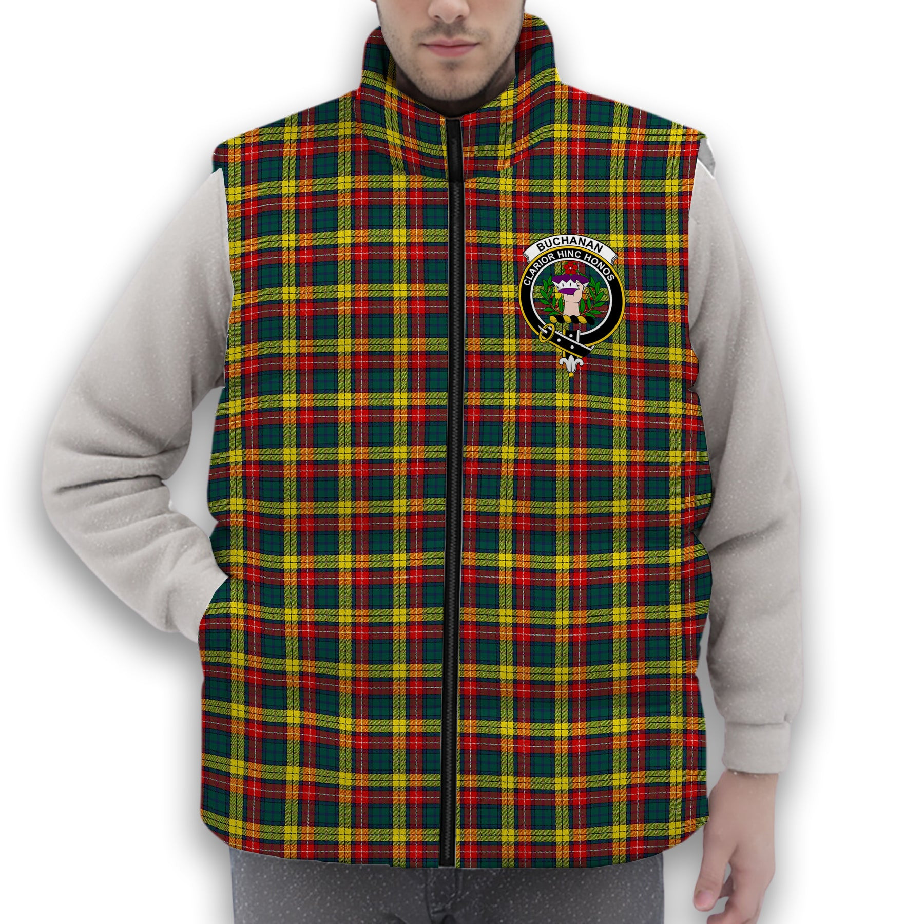 ScotsTee Shop Scottish Buchanan Modern Clan Crest Tartan Puffer Vest Winter White Duck Down Vest Sleeveless