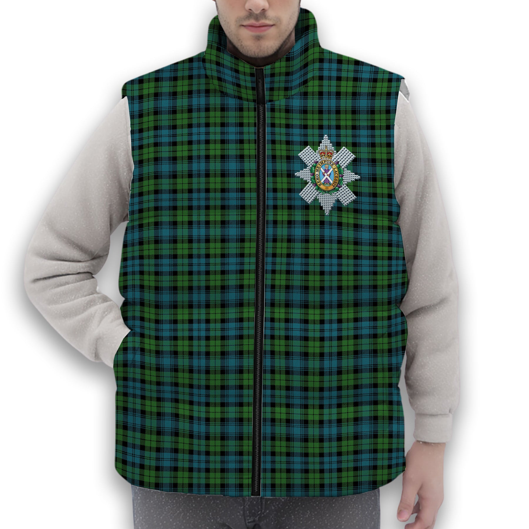 ScotsTee Shop Scottish Black Watch Ancient Clan Crest Tartan Puffer Vest Winter White Duck Down Vest Sleeveless
