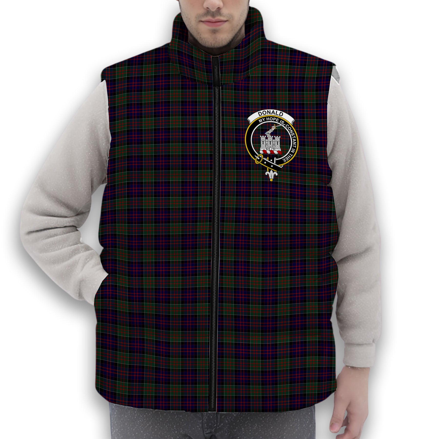 ScotsTee Shop Scottish Donald of Clan Ranald Crest Tartan Puffer Vest Winter White Duck Down Vest Sleeveless