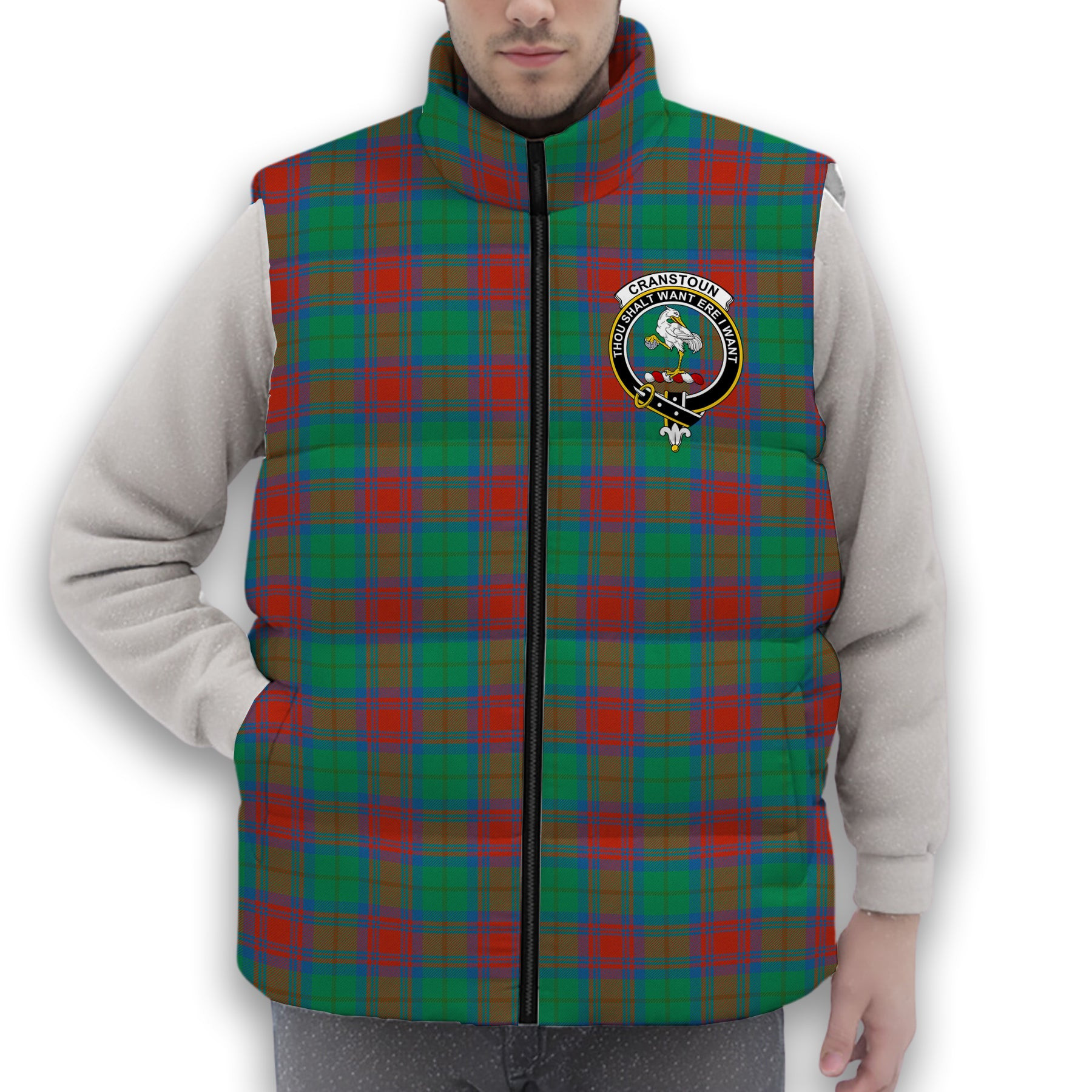 ScotsTee Shop Scottish Cranstoun Dress Ancient Crest Tartan Puffer Vest Winter White Duck Down Vest Sleeveless