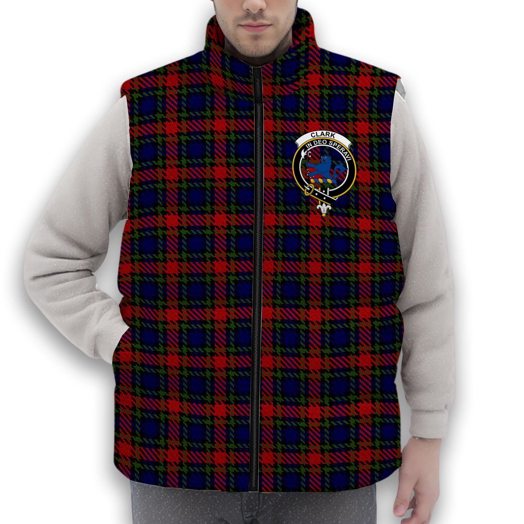 ScotsTee Shop Scottish Clark (Lion) Red Crest Tartan Puffer Vest Winter White Duck Down Vest Sleeveless