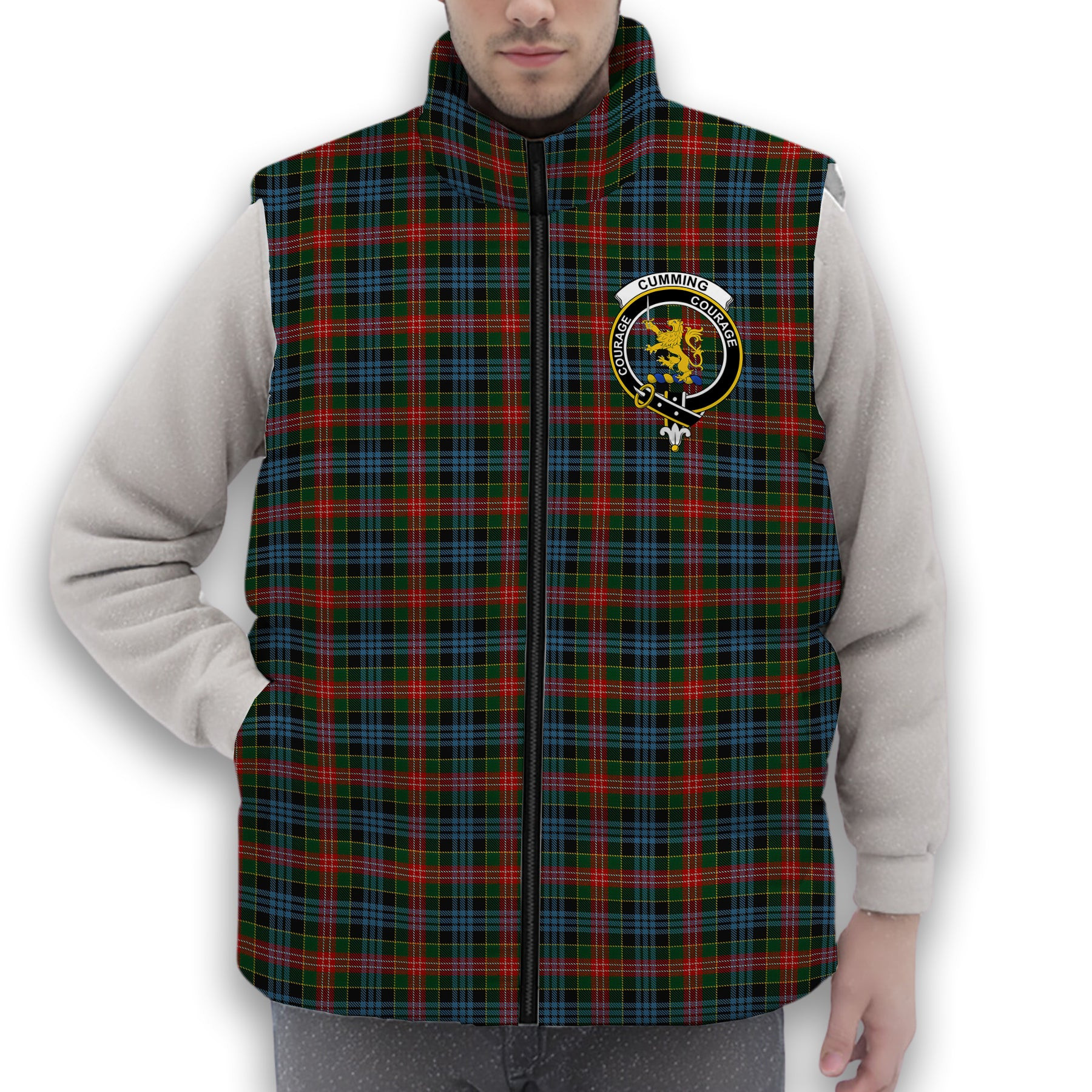 ScotsTee Shop Scottish Cumming 1831 Crest Tartan Puffer Vest Winter White Duck Down Vest Sleeveless