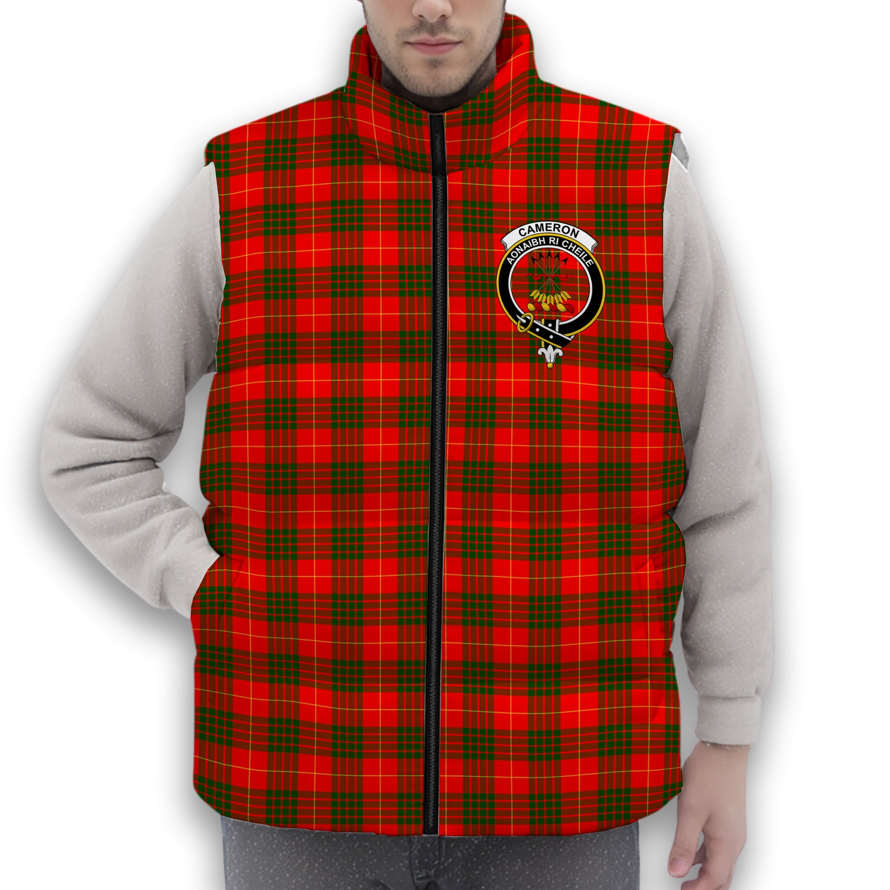 ScotsTee Shop Scottish Cameron Modern Crest Tartan Puffer Vest Winter White Duck Down Vest Sleeveless