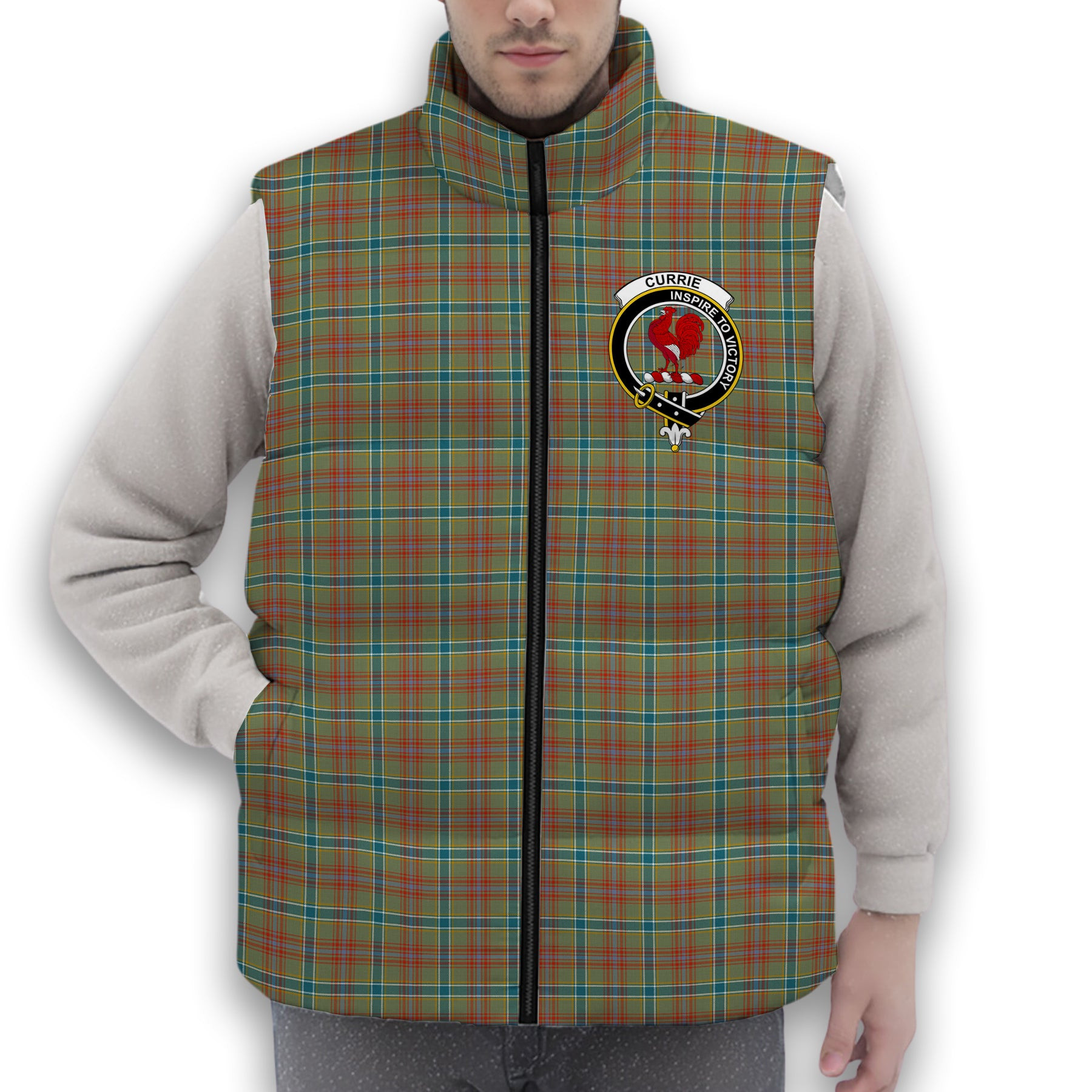 ScotsTee Shop Scottish Currie of Arran Ancient Clan Crest Tartan Puffer Vest Winter White Duck Down Vest Sleeveless