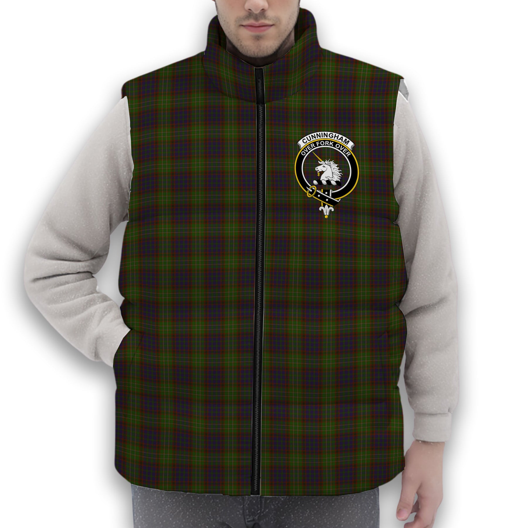 ScotsTee Shop Scottish Cunningham Hunting Modern Crest Tartan Puffer Vest Winter White Duck Down Vest Sleeveless