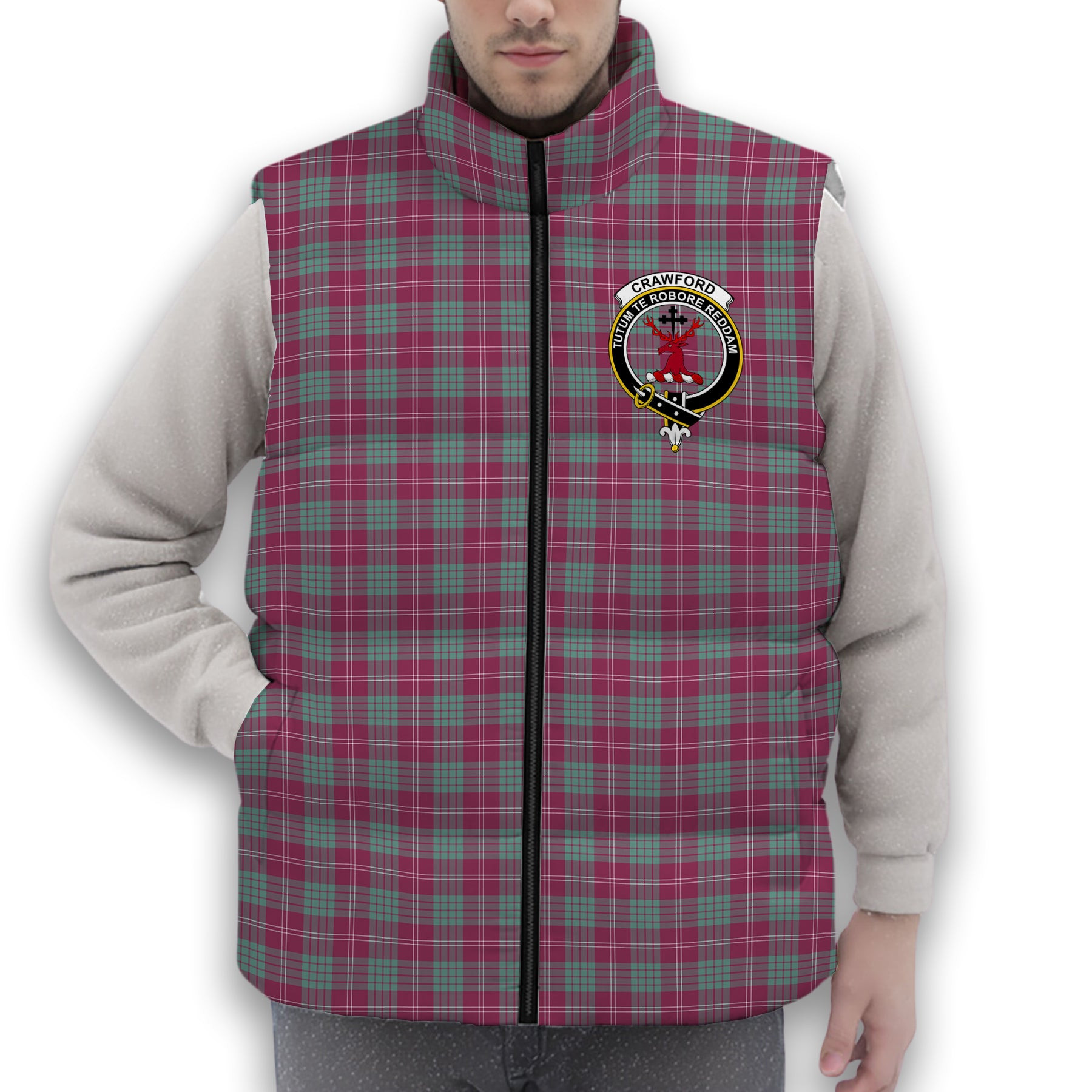 ScotsTee Shop Scottish Crawford Ancient Crest Tartan Puffer Vest Winter White Duck Down Vest Sleeveless