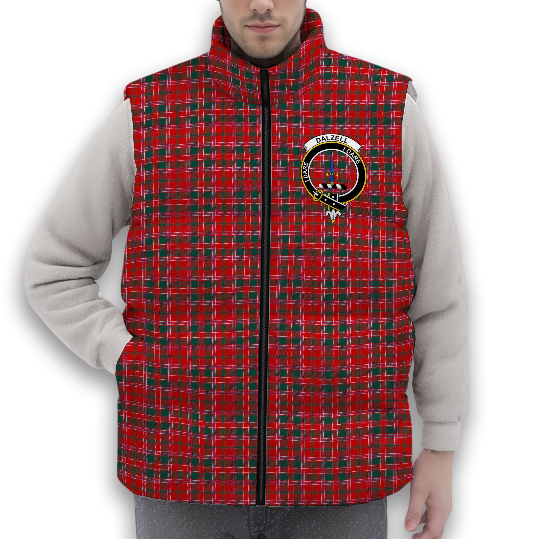 ScotsTee Shop Scottish Dalzell Modern Crest Tartan Puffer Vest Winter White Duck Down Vest Sleeveless