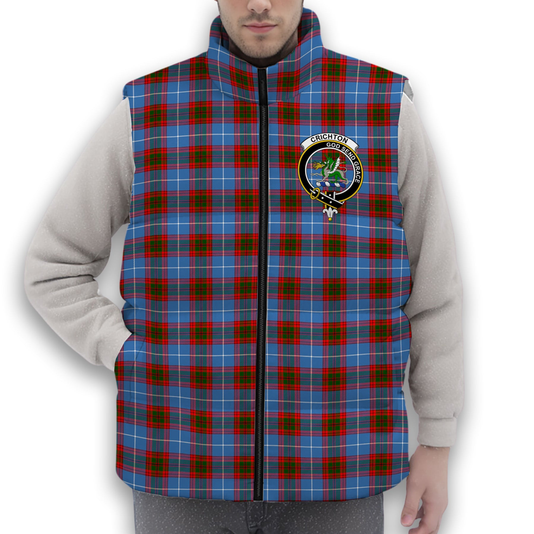 ScotsTee Shop Scottish Crichton Crest Tartan Puffer Vest Winter White Duck Down Vest Sleeveless