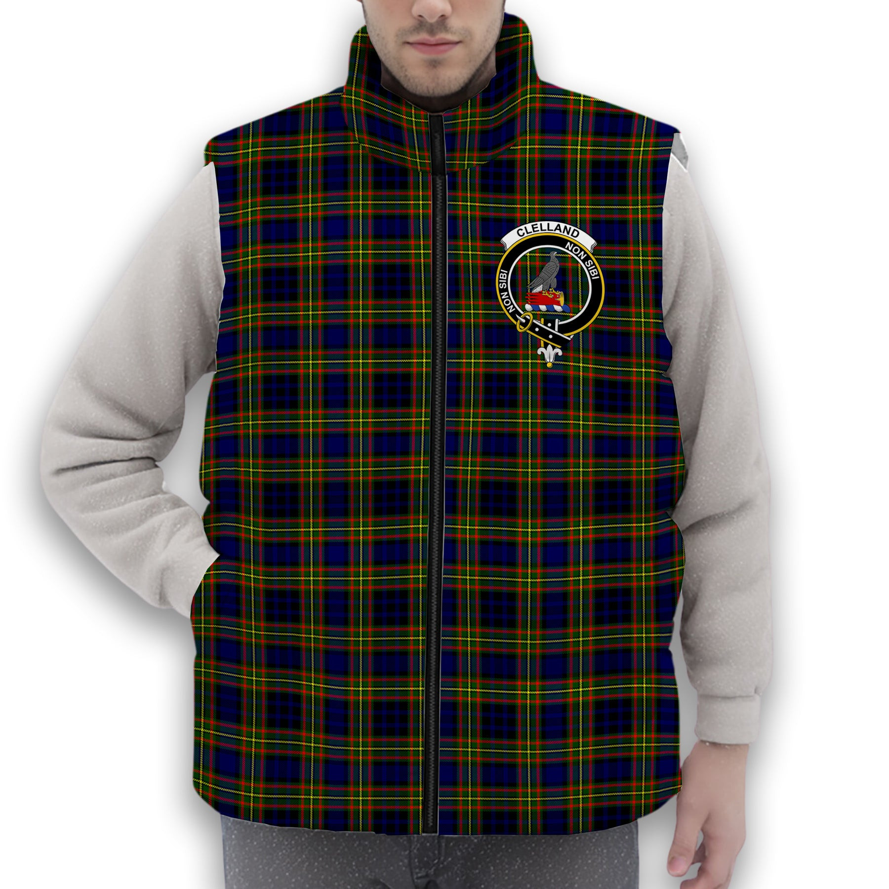 ScotsTee Shop Scottish Clelland Modern Crest Tartan Puffer Vest Winter White Duck Down Vest Sleeveless