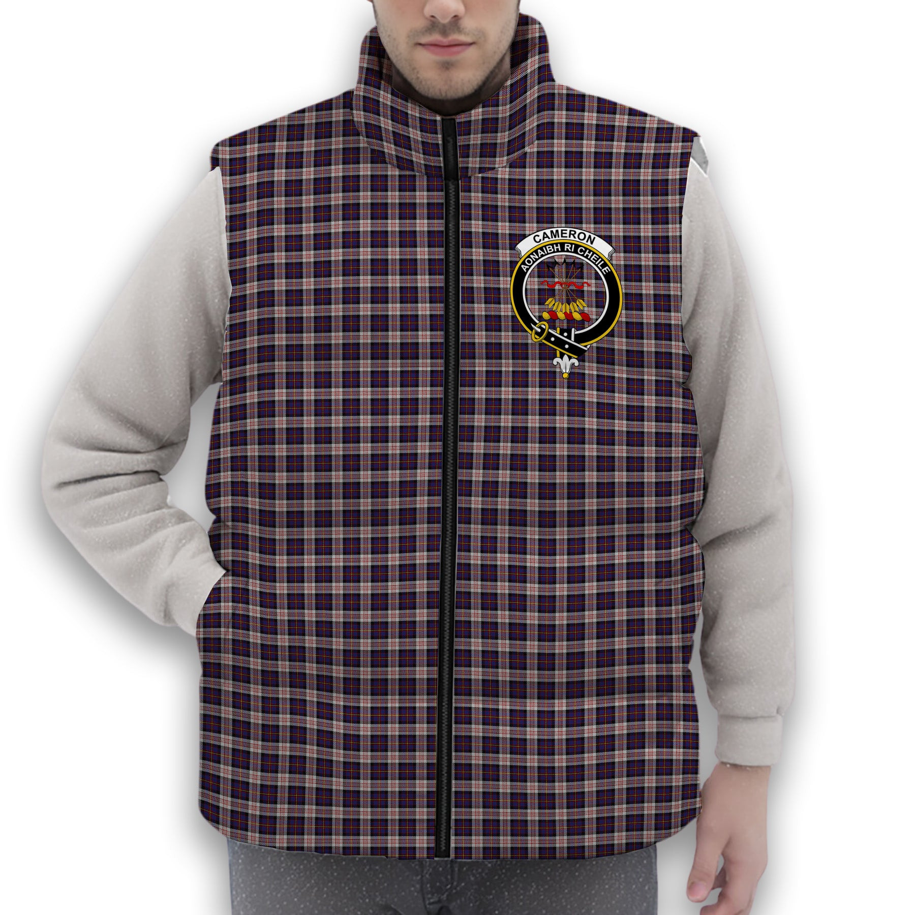 ScotsTee Shop Scottish Cameron of Erracht Dress Crest Tartan Puffer Vest Winter White Duck Down Vest Sleeveless