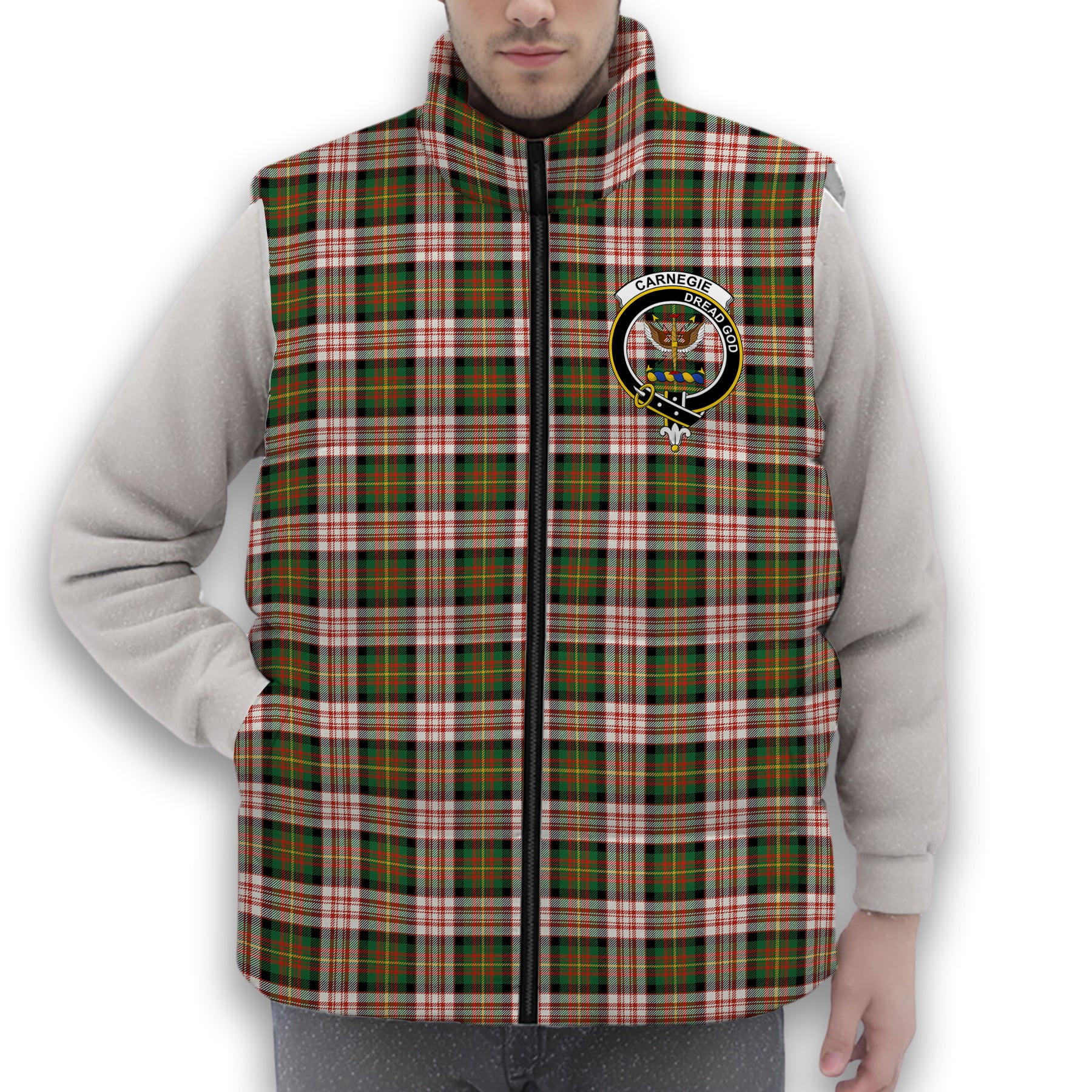 ScotsTee Shop Scottish Carnegie Dress Ancient Crest Tartan Puffer Vest Winter White Duck Down Vest Sleeveless
