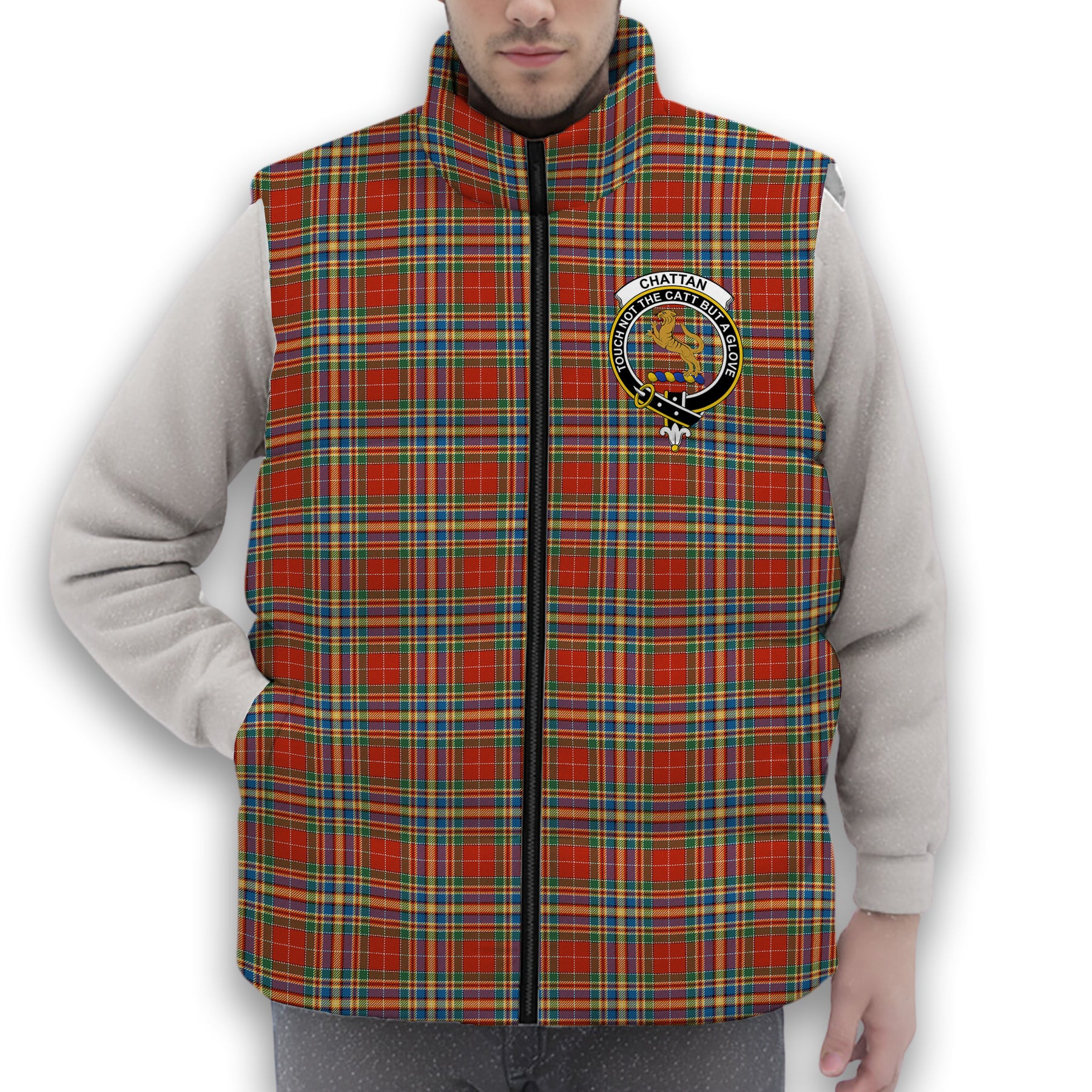 ScotsTee Shop Scottish Chattan Chief Ancient Crest Tartan Puffer Vest Winter White Duck Down Vest Sleeveless