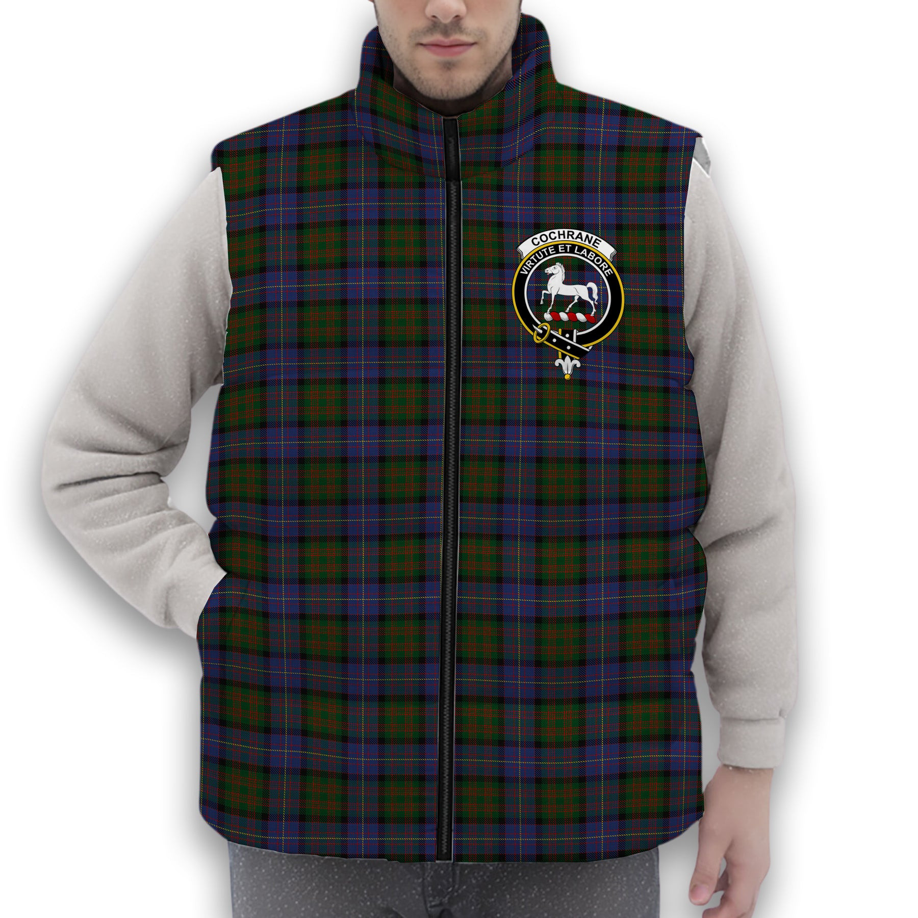 ScotsTee Shop Scottish Cochrane 1984 Crest Tartan Puffer Vest Winter White Duck Down Vest Sleeveless