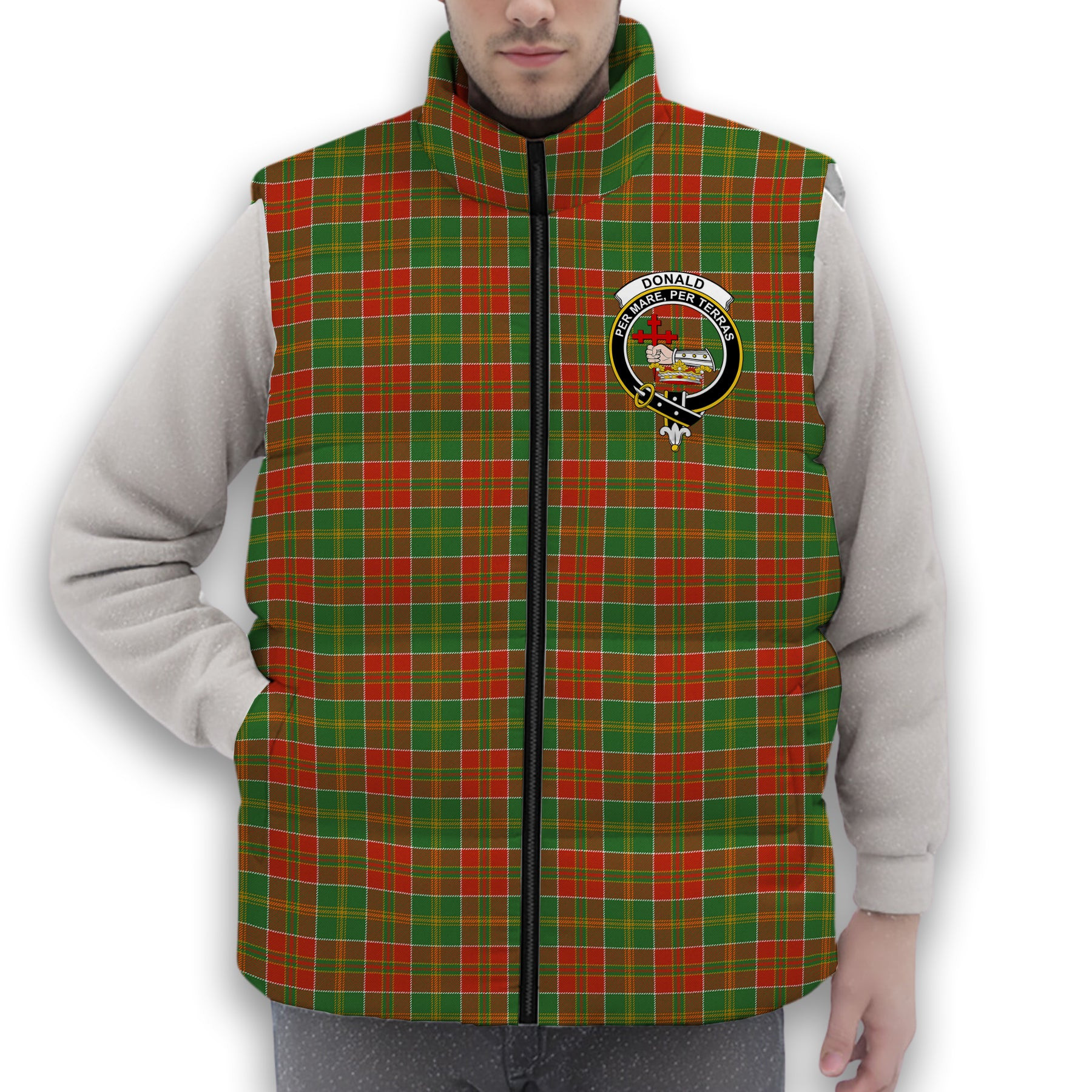 ScotsTee Shop Scottish Donald of Kingsburgh Ancient Crest Tartan Puffer Vest Winter White Duck Down Vest Sleeveless