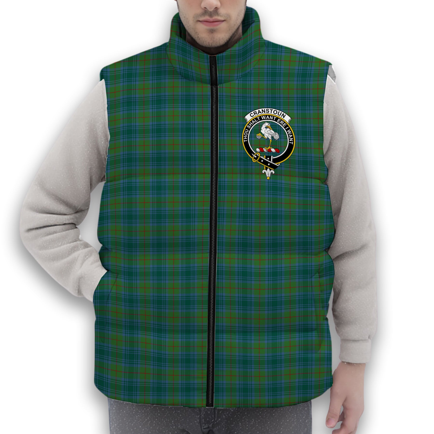 ScotsTee Shop Scottish Cranstoun Modern Crest Tartan Puffer Vest Winter White Duck Down Vest Sleeveless