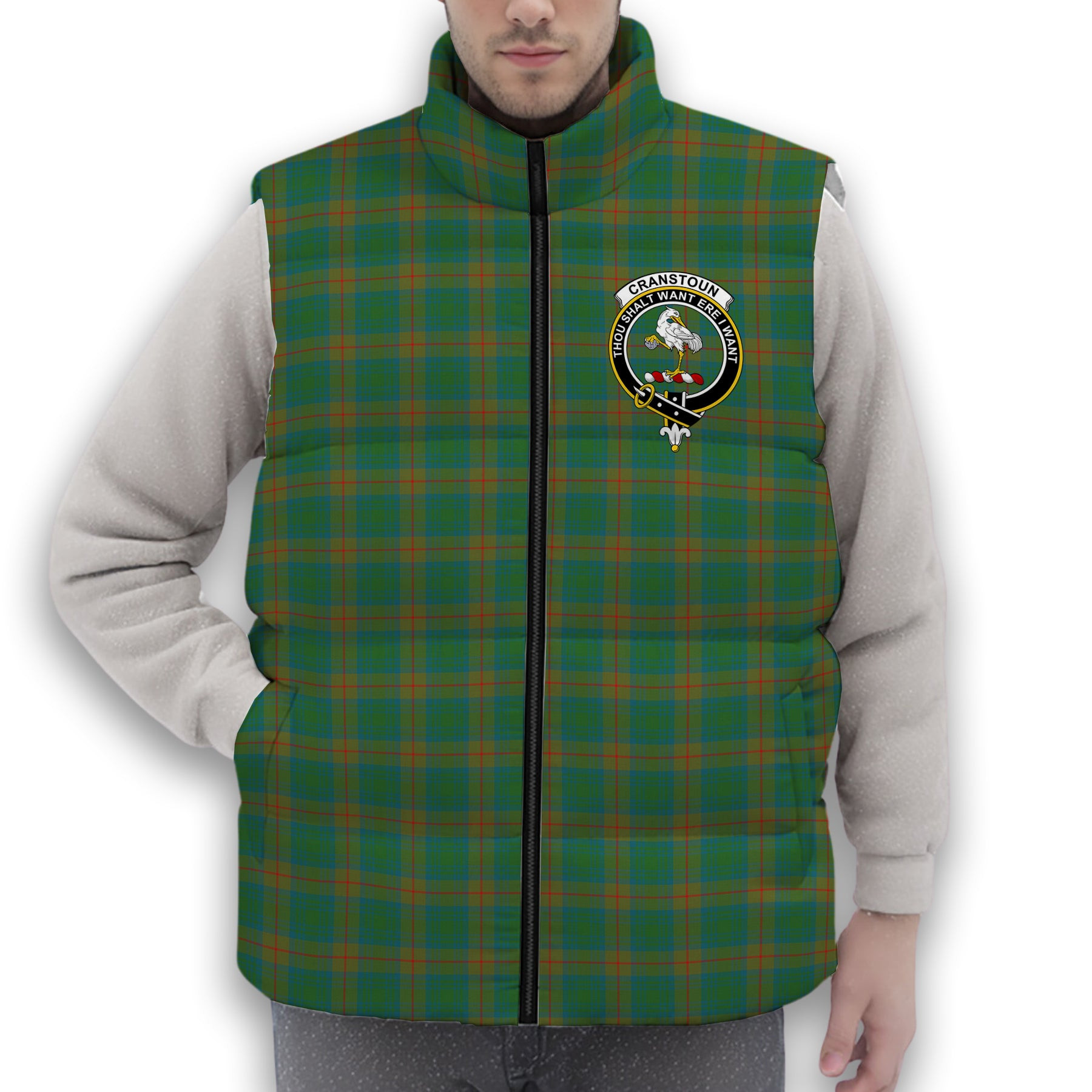 ScotsTee Shop Scottish Cranstoun Ancient Crest Tartan Puffer Vest Winter White Duck Down Vest Sleeveless