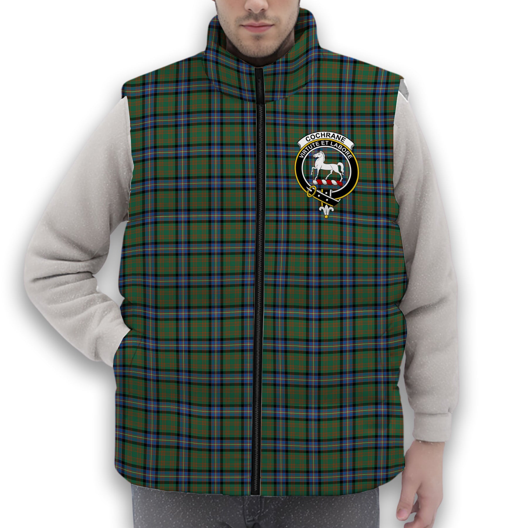 ScotsTee Shop Scottish Cochrane Ancient Crest Tartan Puffer Vest Winter White Duck Down Vest Sleeveless