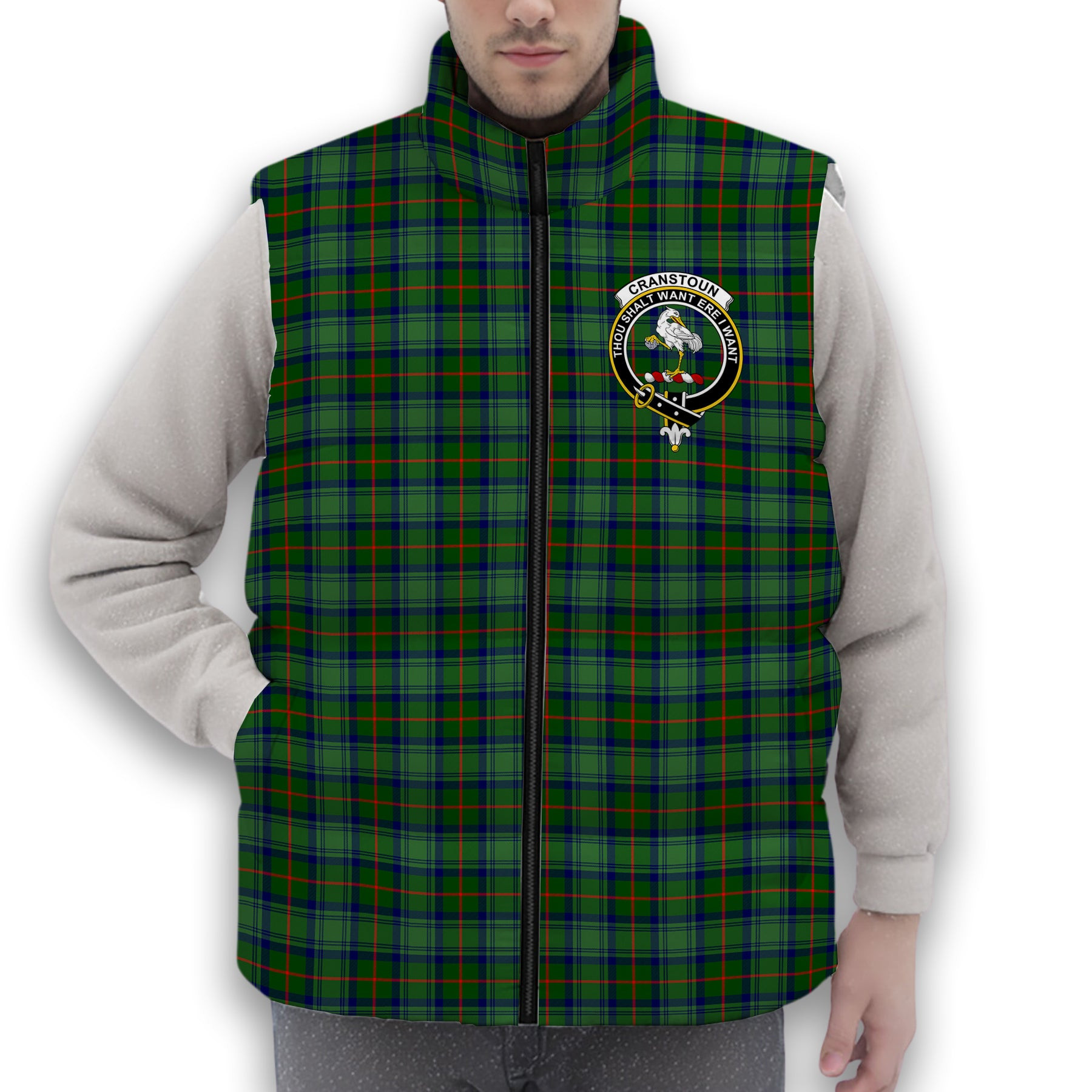 ScotsTee Shop Scottish Cranston Modern Crest Tartan Puffer Vest Winter White Duck Down Vest Sleeveless